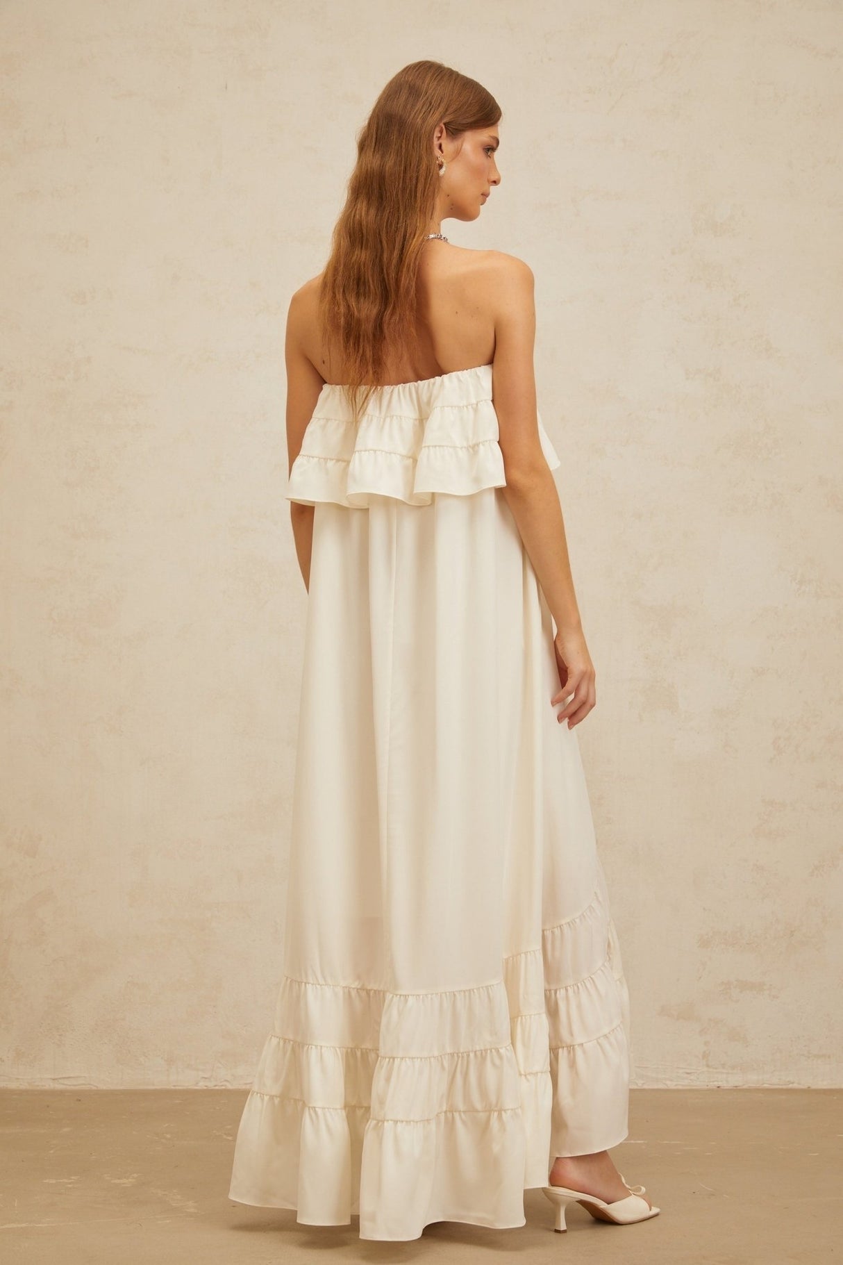 Carmela Maxi Dress - White Off - the - Shoulder Shirred Ruffle Hemline Slit Pockets Floor - Length Feminine Touch