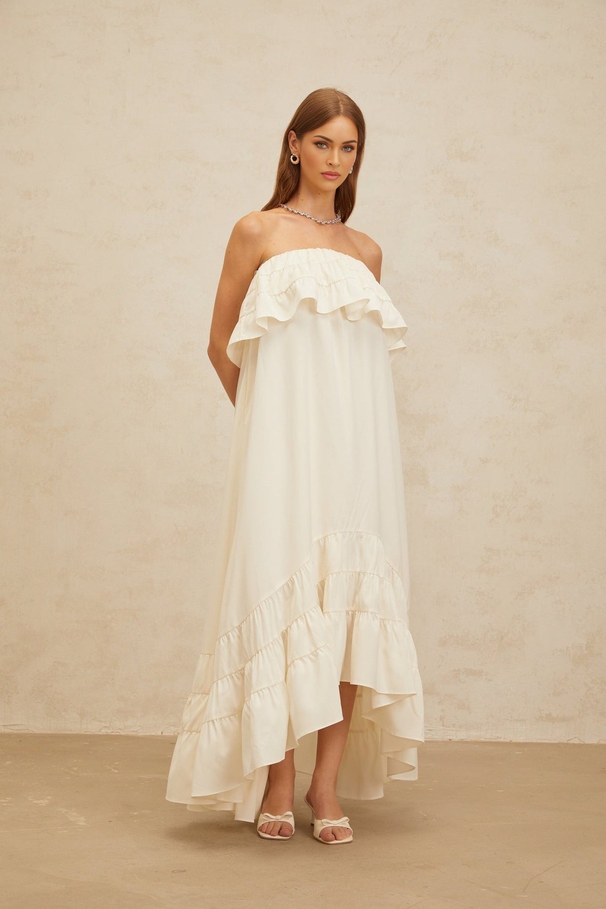 Carmela Maxi Dress - White Off - the - Shoulder Shirred Ruffle Hemline Slit Pockets Floor - Length Feminine Touch