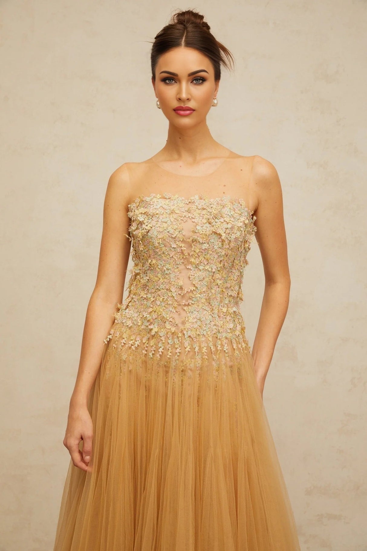 Carmela Midi Dress Sequined Tulle Floral Appliqu Pleated Skirt