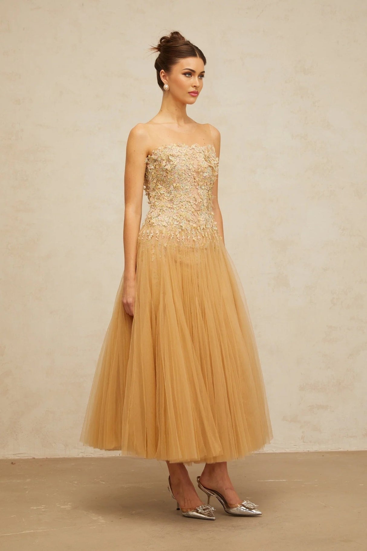 Carmela Midi Dress Sequined Tulle Floral Appliqu Pleated Skirt