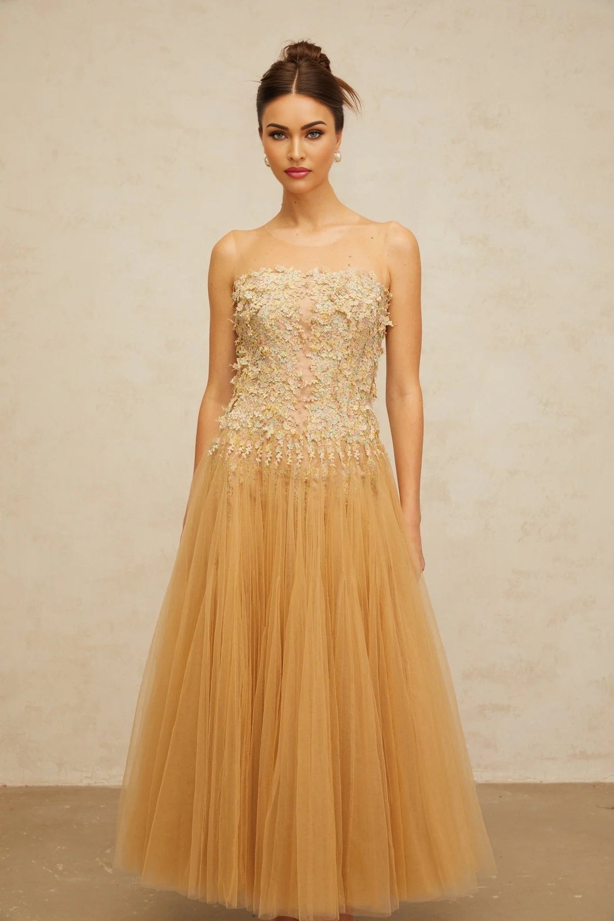 Carmela Midi Dress Sequined Tulle Floral Appliqu Pleated Skirt