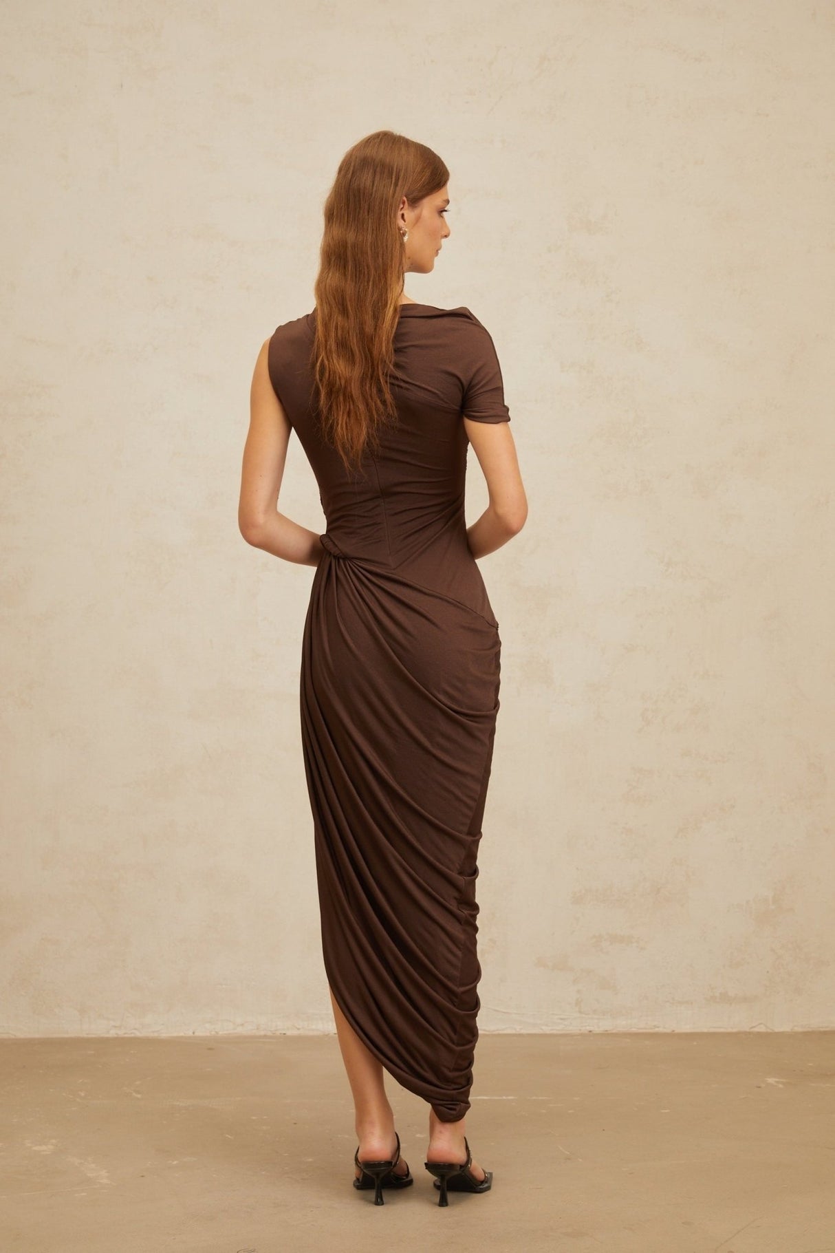 Carmelina Midi Dress - Fitted Waistline - Ruched Detailing - Asymmetrical Design - Embossed Hardware - Rear Zip