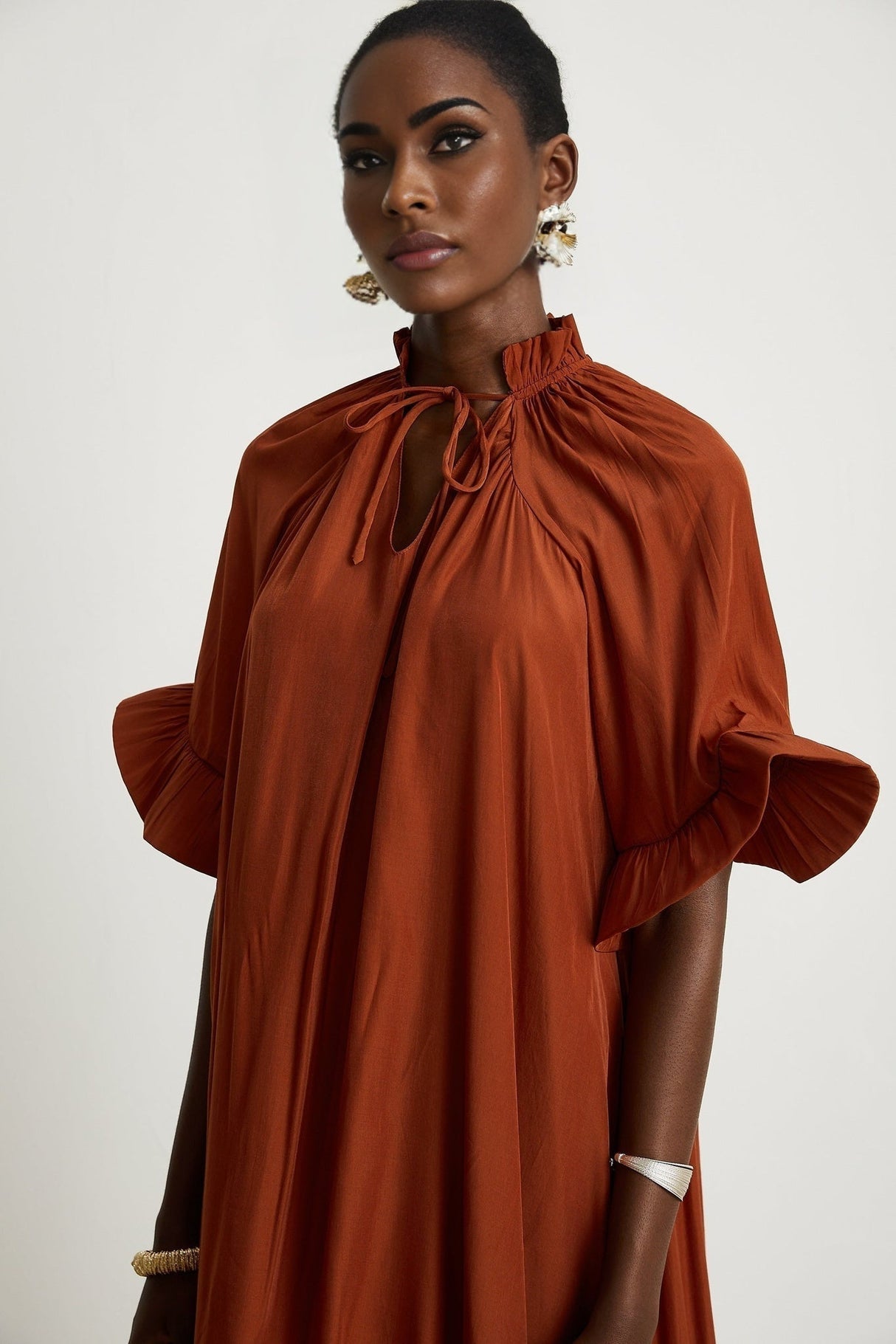 Carmelina Midi Dress - Frilled self - tie neck - Short sleeves - Shift style - Asymmetric hem