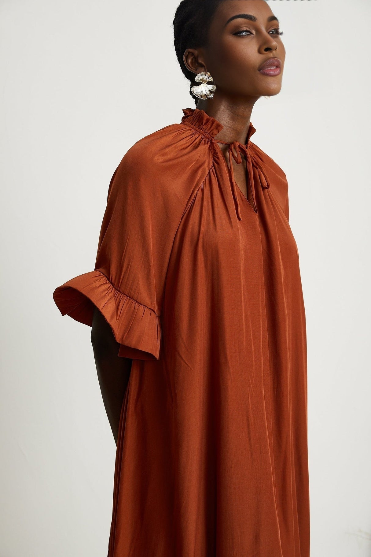 Carmelina Midi Dress - Frilled self - tie neck - Short sleeves - Shift style - Asymmetric hem