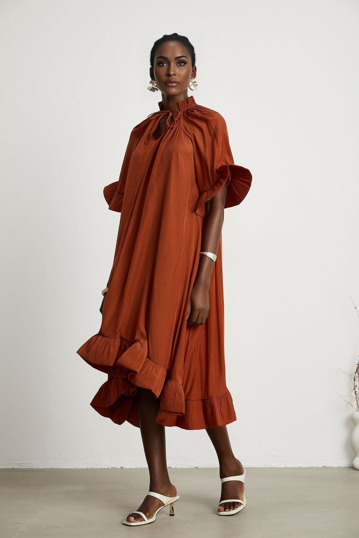 Carmelina Midi Dress - Frilled self - tie neck - Short sleeves - Shift style - Asymmetric hem