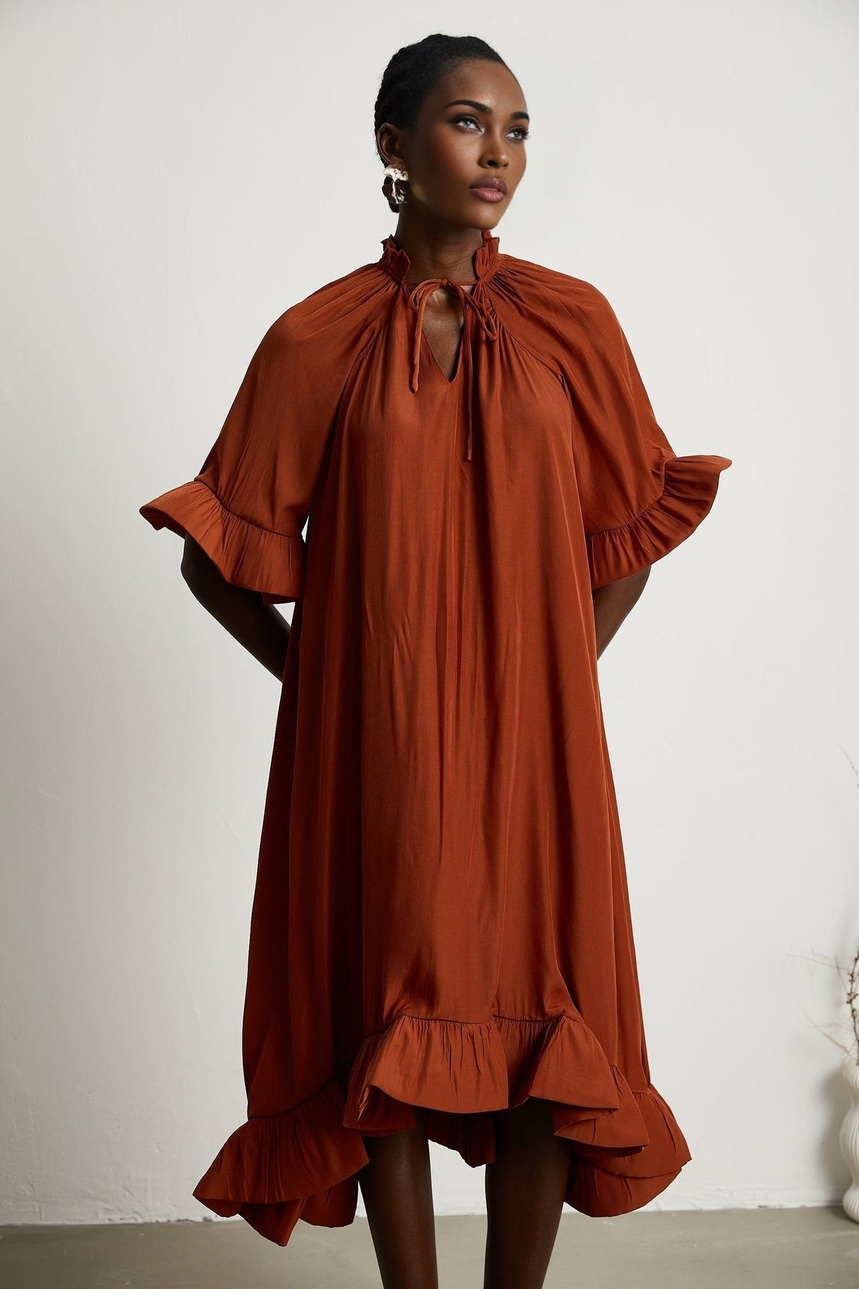 Carmelina Midi Dress - Frilled self - tie neck - Short sleeves - Shift style - Asymmetric hem