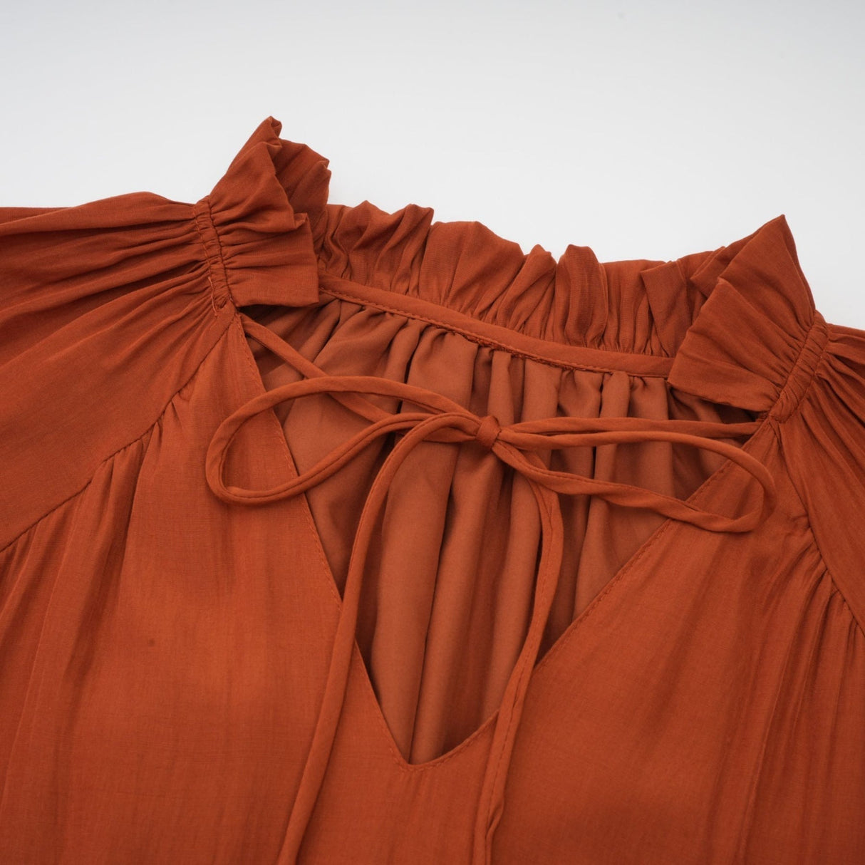 Carmelina Midi Dress - Frilled self - tie neck - Short sleeves - Shift style - Asymmetric hem