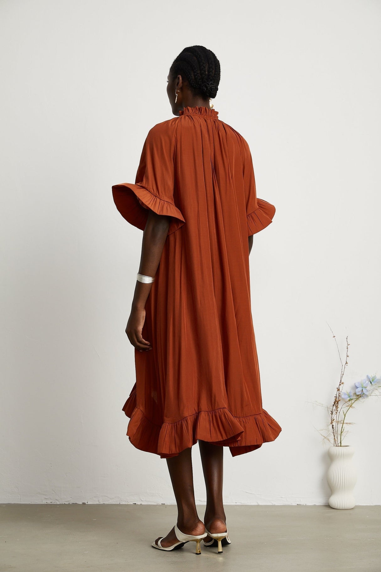 Carmelina Midi Dress - Frilled self - tie neck - Short sleeves - Shift style - Asymmetric hem