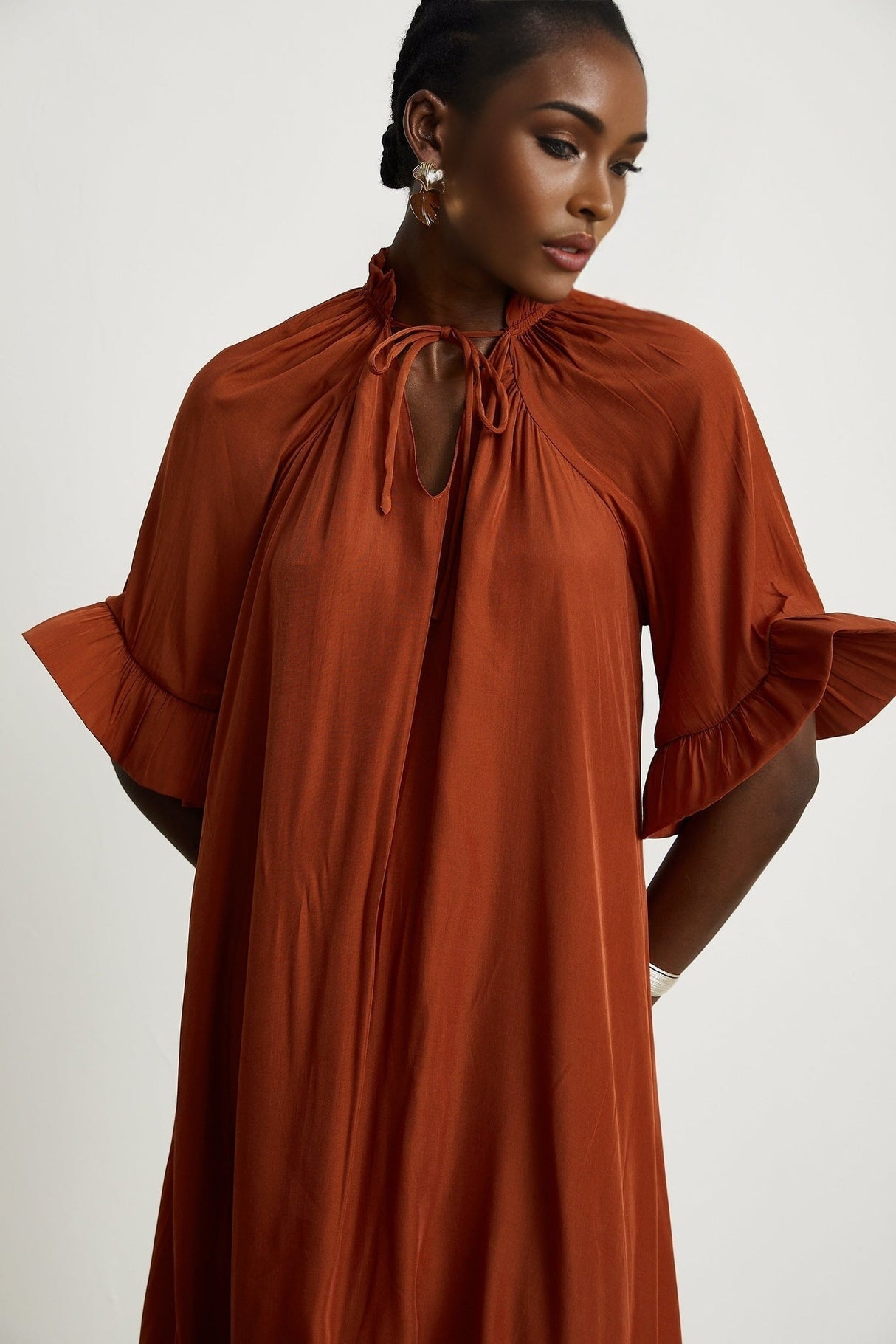 Carmelina Midi Dress - Frilled self - tie neck - Short sleeves - Shift style - Asymmetric hem