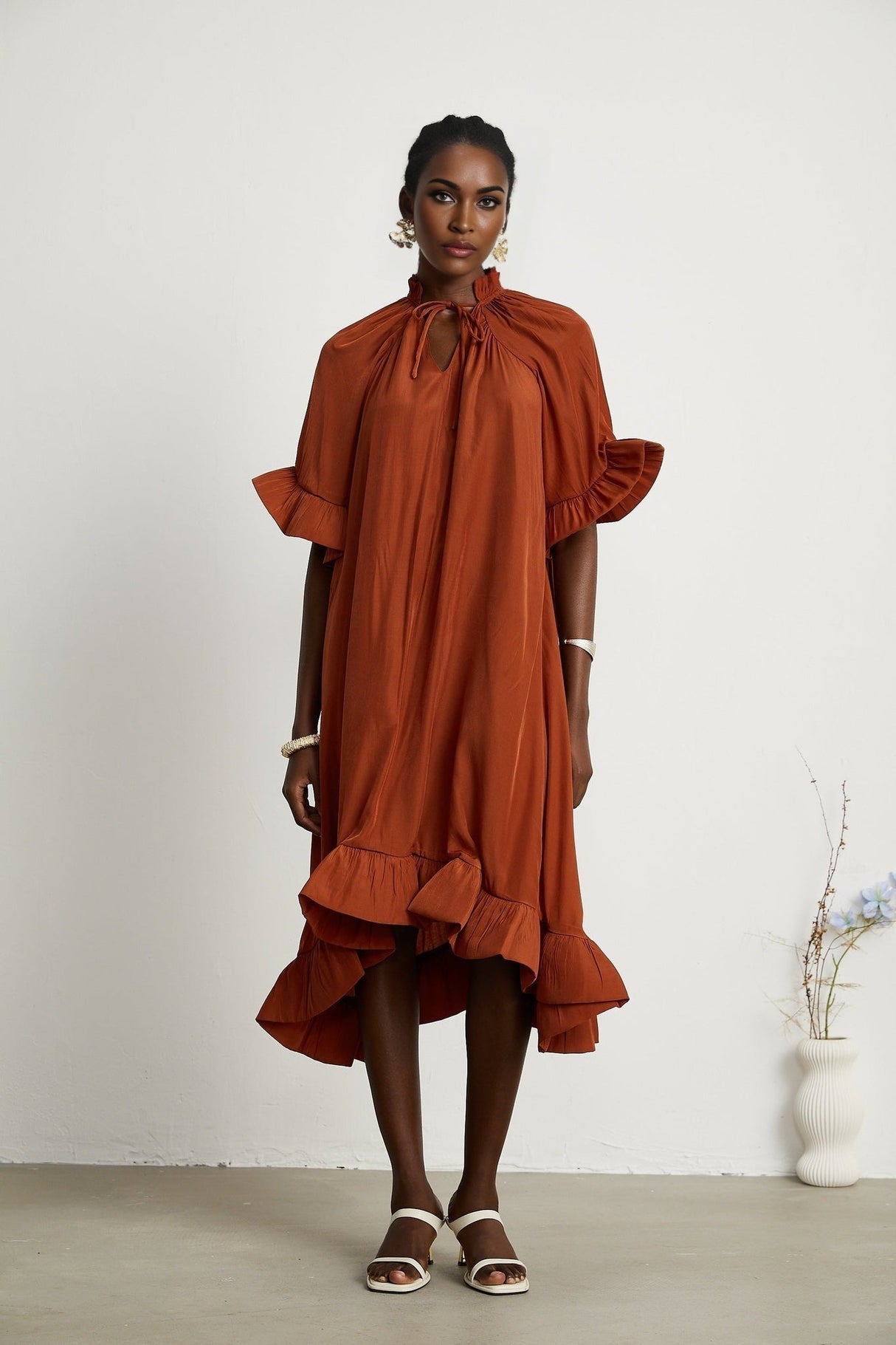 Carmelina Midi Dress - Frilled self - tie neck - Short sleeves - Shift style - Asymmetric hem