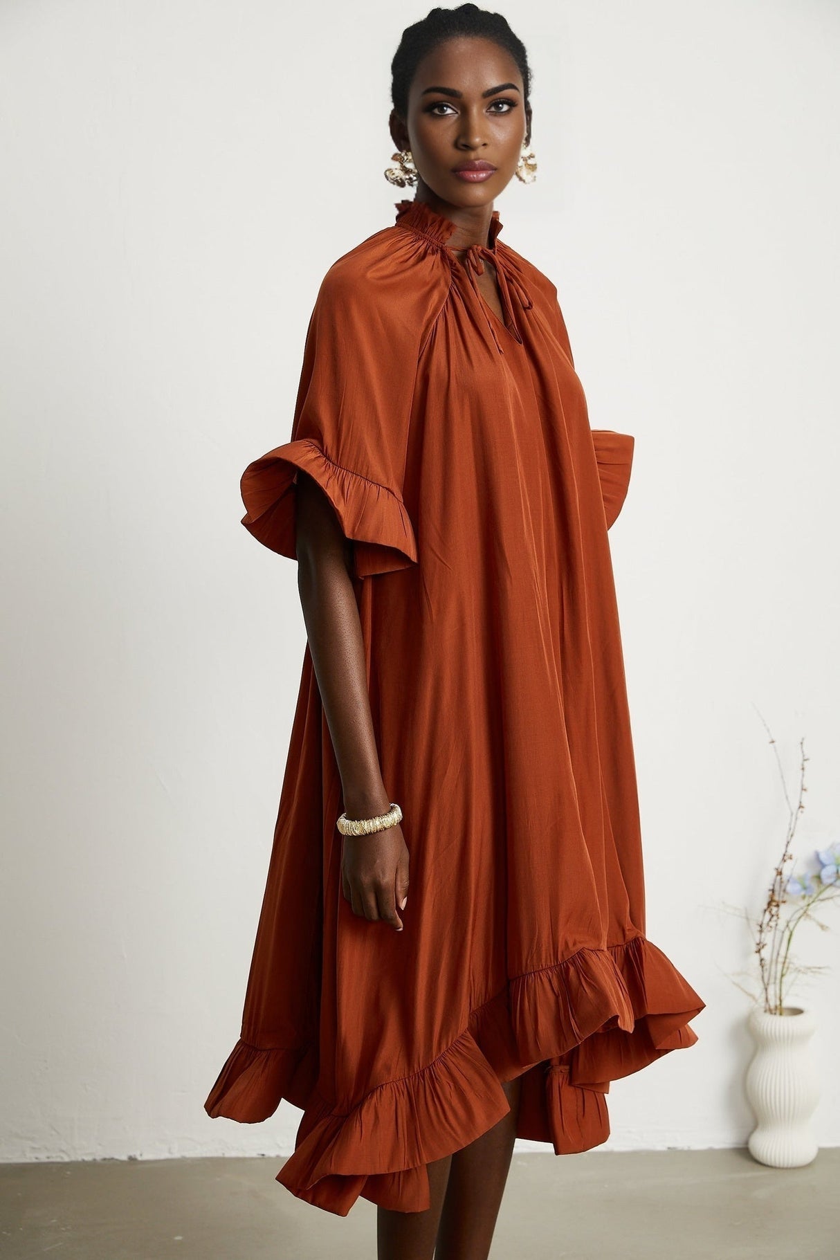 Carmelina Midi Dress - Frilled self - tie neck - Short sleeves - Shift style - Asymmetric hem