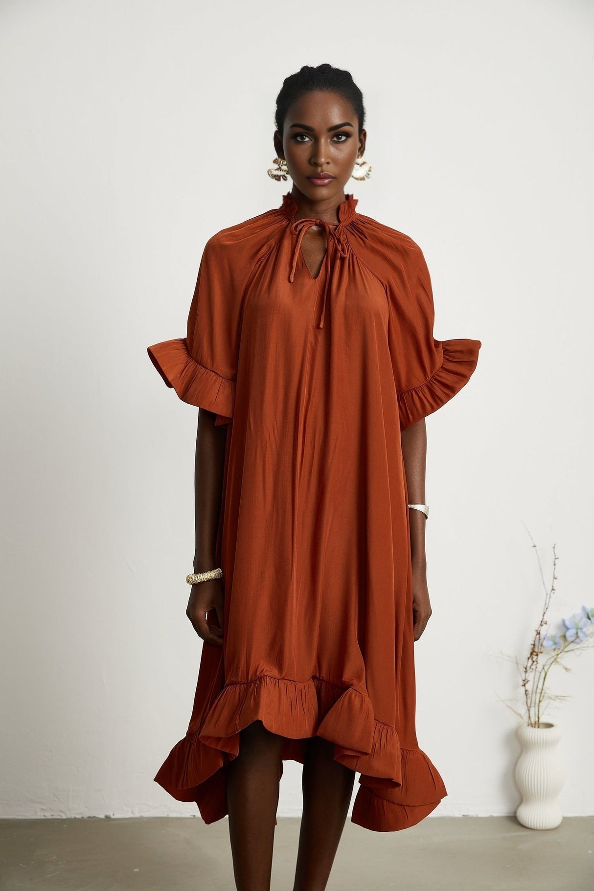 Carmelina Midi Dress - Frilled self - tie neck - Short sleeves - Shift style - Asymmetric hem