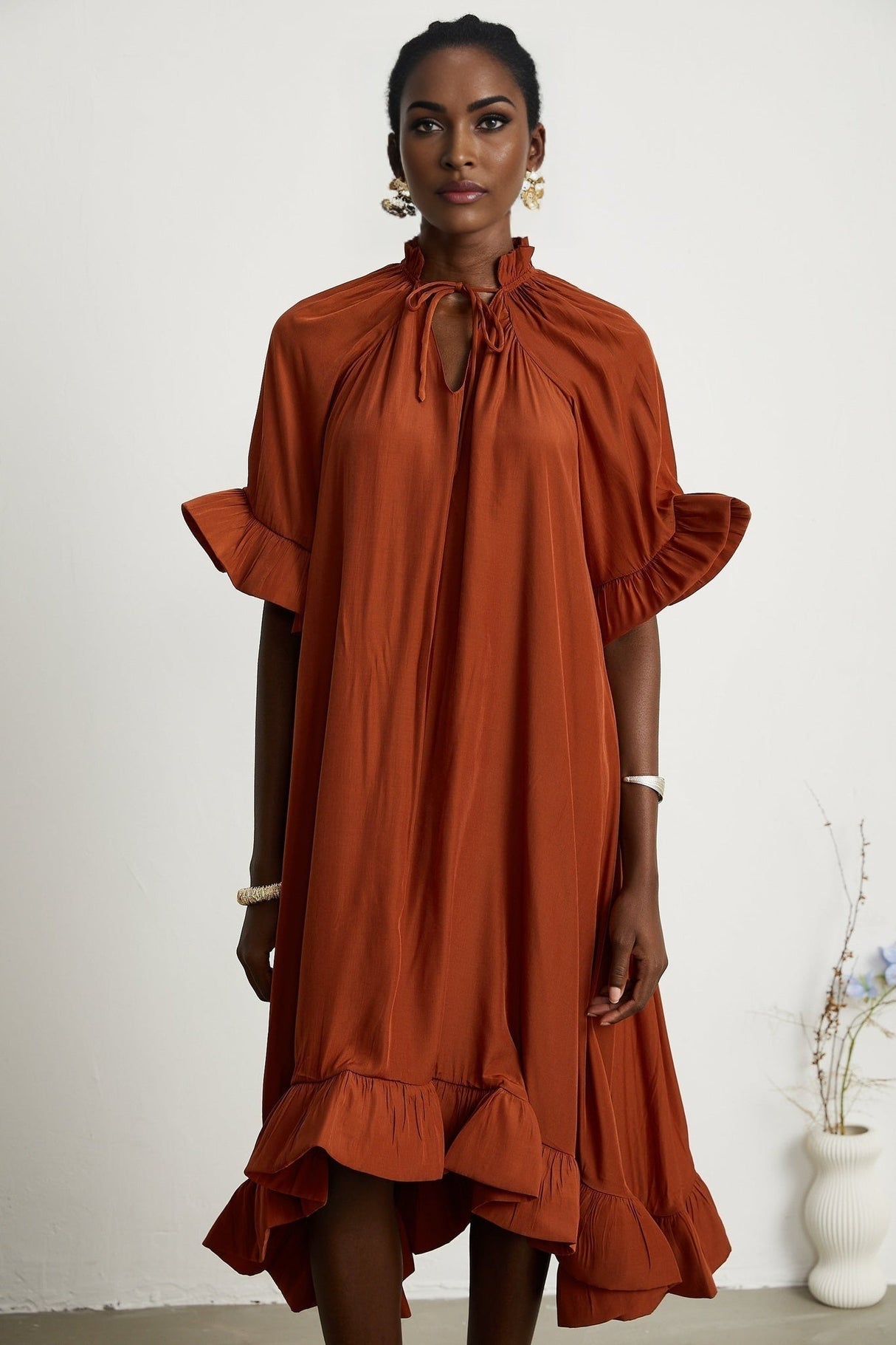 Carmelina Midi Dress - Frilled self - tie neck - Short sleeves - Shift style - Asymmetric hem