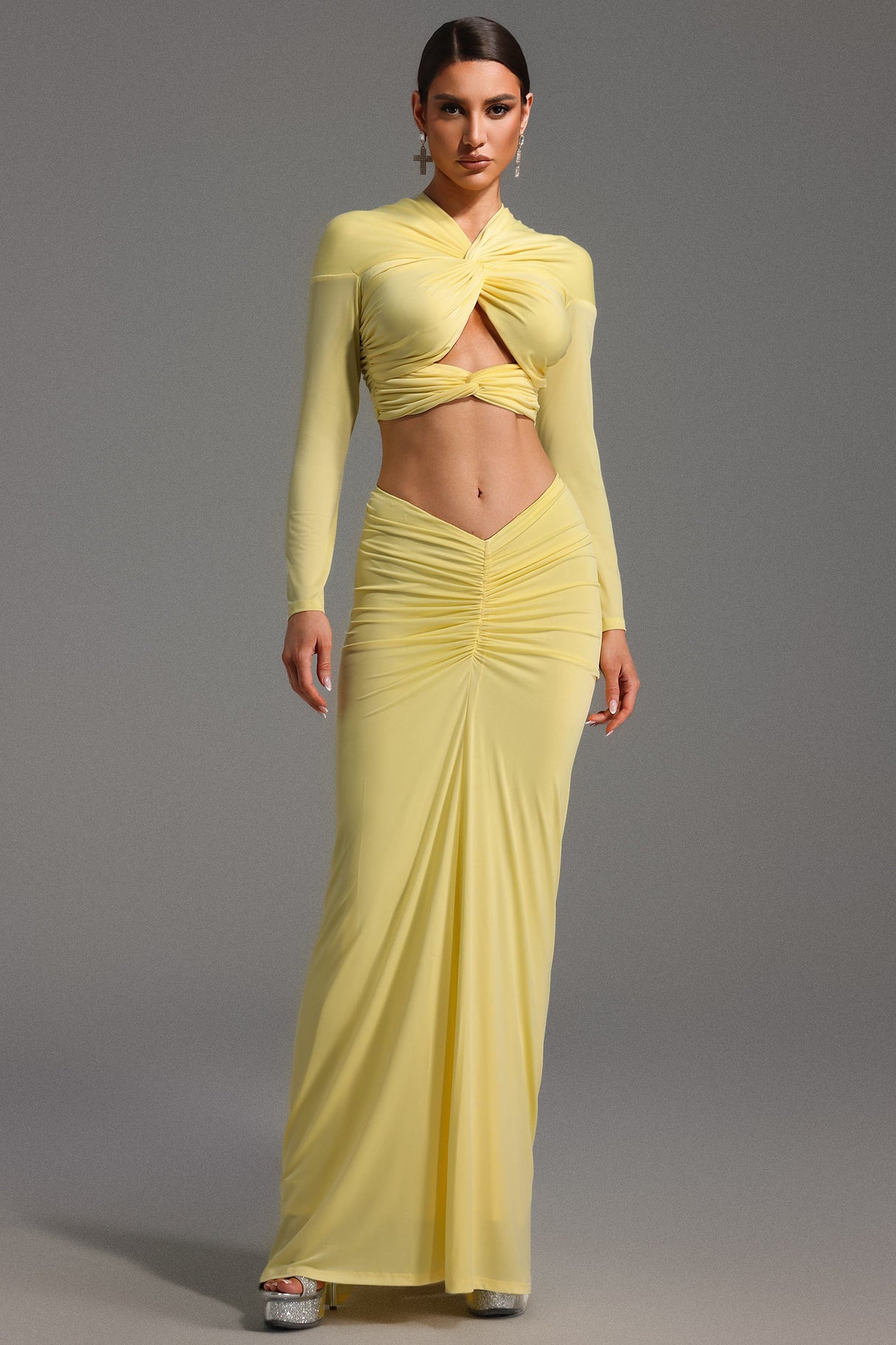 Carmelina Yellow Maxi Dress with Knot Detailing and Ruched Skirt for Evening Events or Formal Occasions