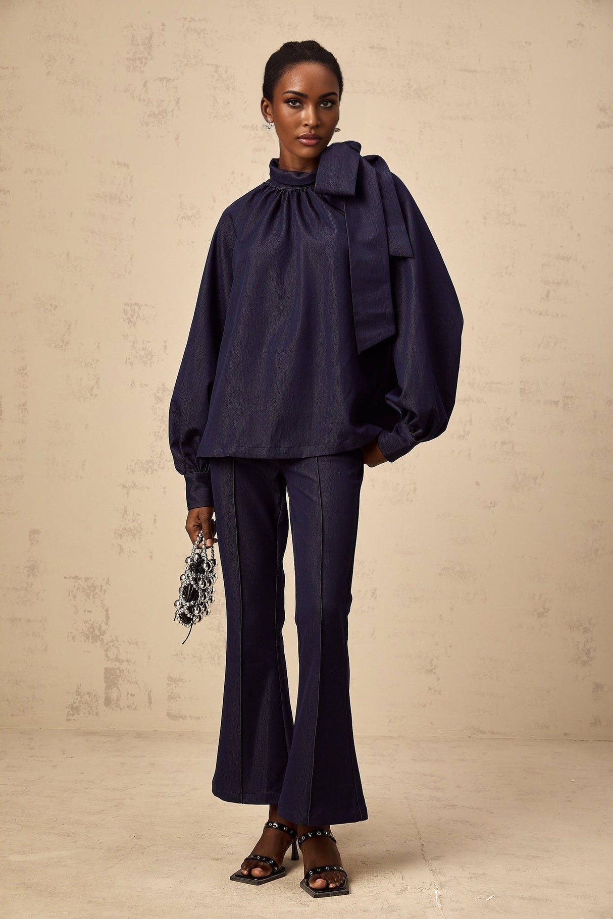 Carmen Blouse & Trousers Set - High Neck - Lantern Sleeves - Pleated Detailing - Flared Hem - Bowknot Design