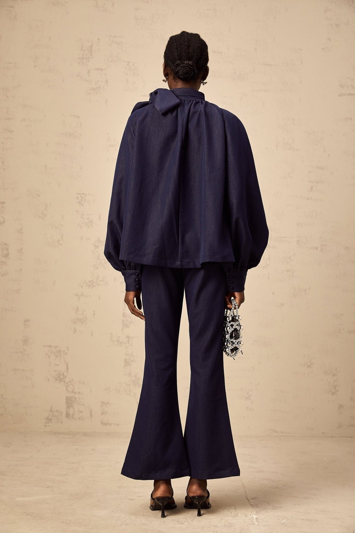 Carmen Blouse & Trousers Set - High Neck - Lantern Sleeves - Pleated Detailing - Flared Hem - Bowknot Design