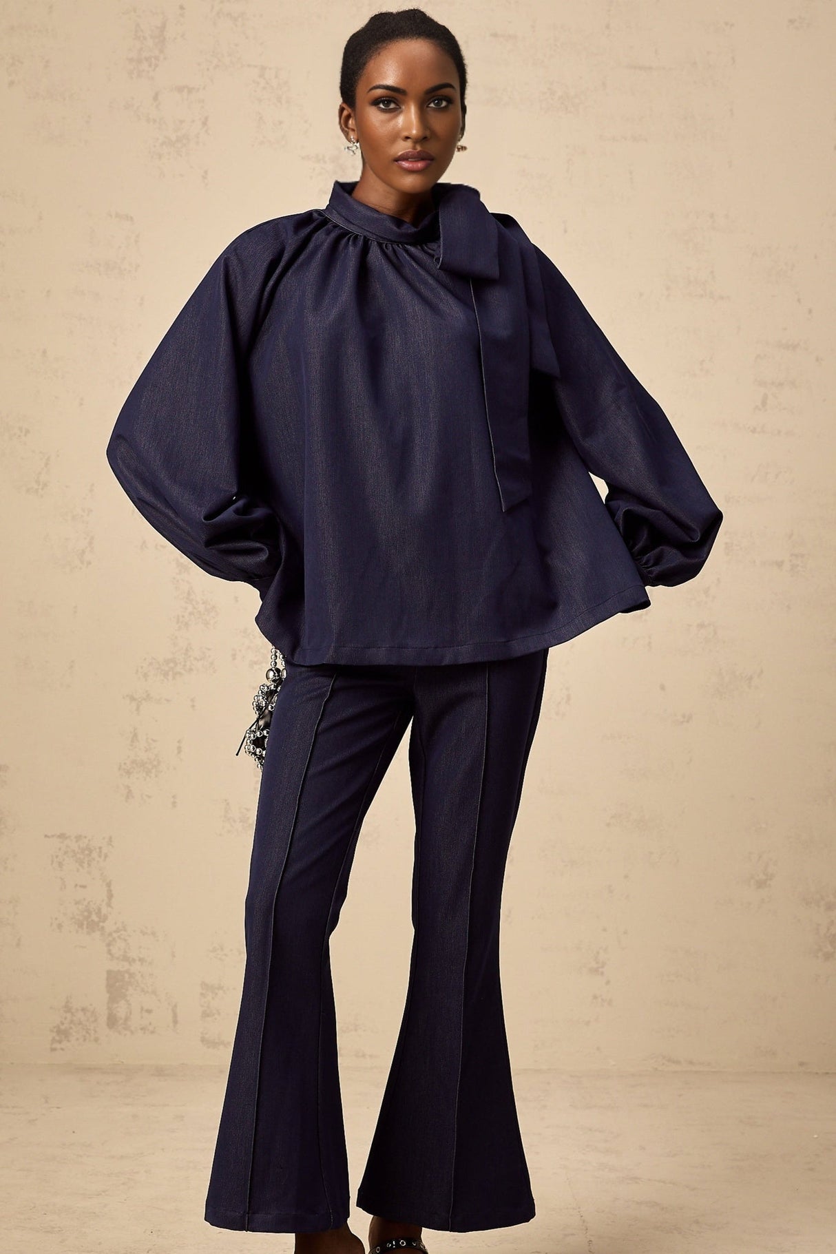 Carmen Blouse & Trousers Set - High Neck - Lantern Sleeves - Pleated Detailing - Flared Hem - Bowknot Design