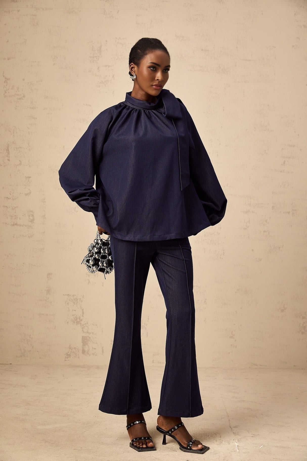 Carmen Blouse & Trousers Set - High Neck - Lantern Sleeves - Pleated Detailing - Flared Hem - Bowknot Design