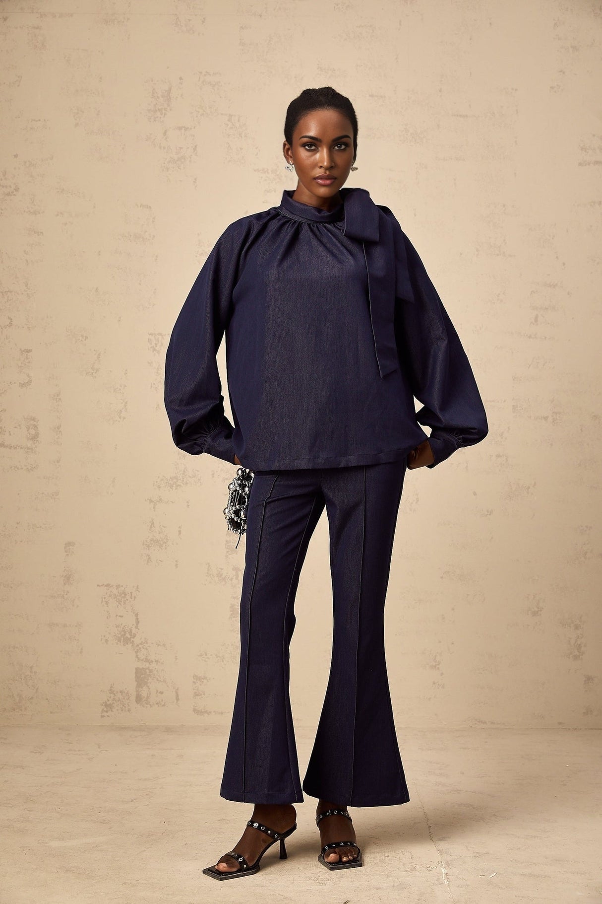 Carmen Blouse & Trousers Set - High Neck - Lantern Sleeves - Pleated Detailing - Flared Hem - Bowknot Design