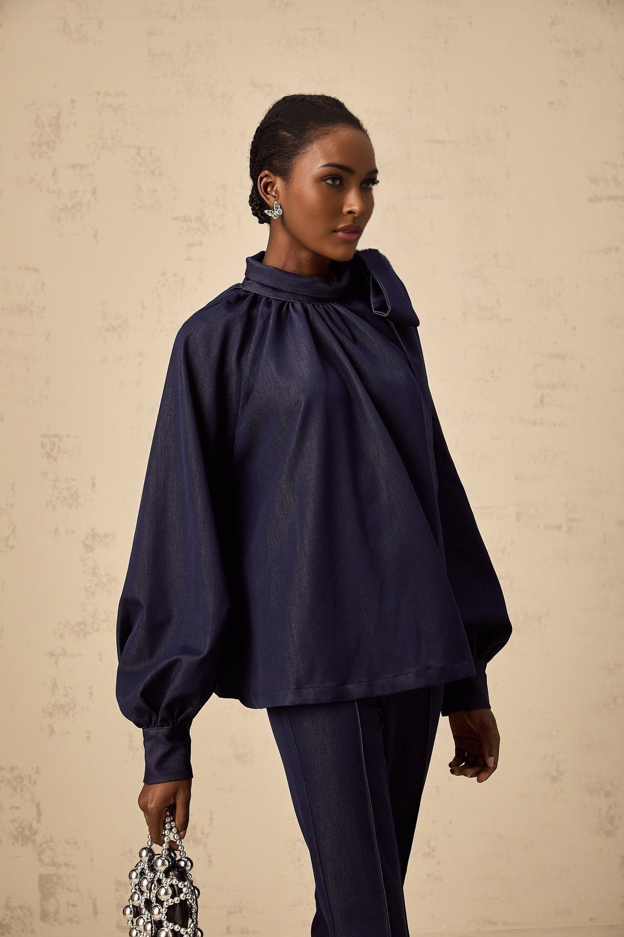 Carmen Blouse & Trousers Set - High Neck - Lantern Sleeves - Pleated Detailing - Flared Hem - Bowknot Design