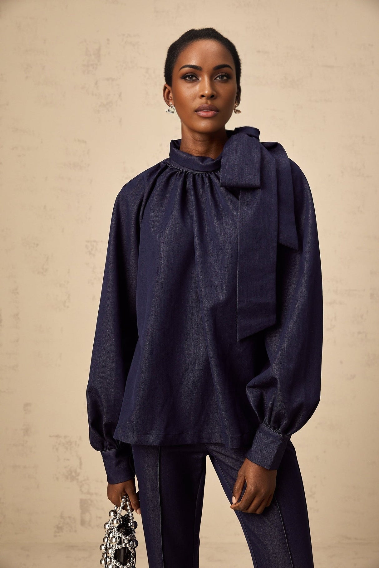 Carmen Blouse & Trousers Set - High Neck - Lantern Sleeves - Pleated Detailing - Flared Hem - Bowknot Design