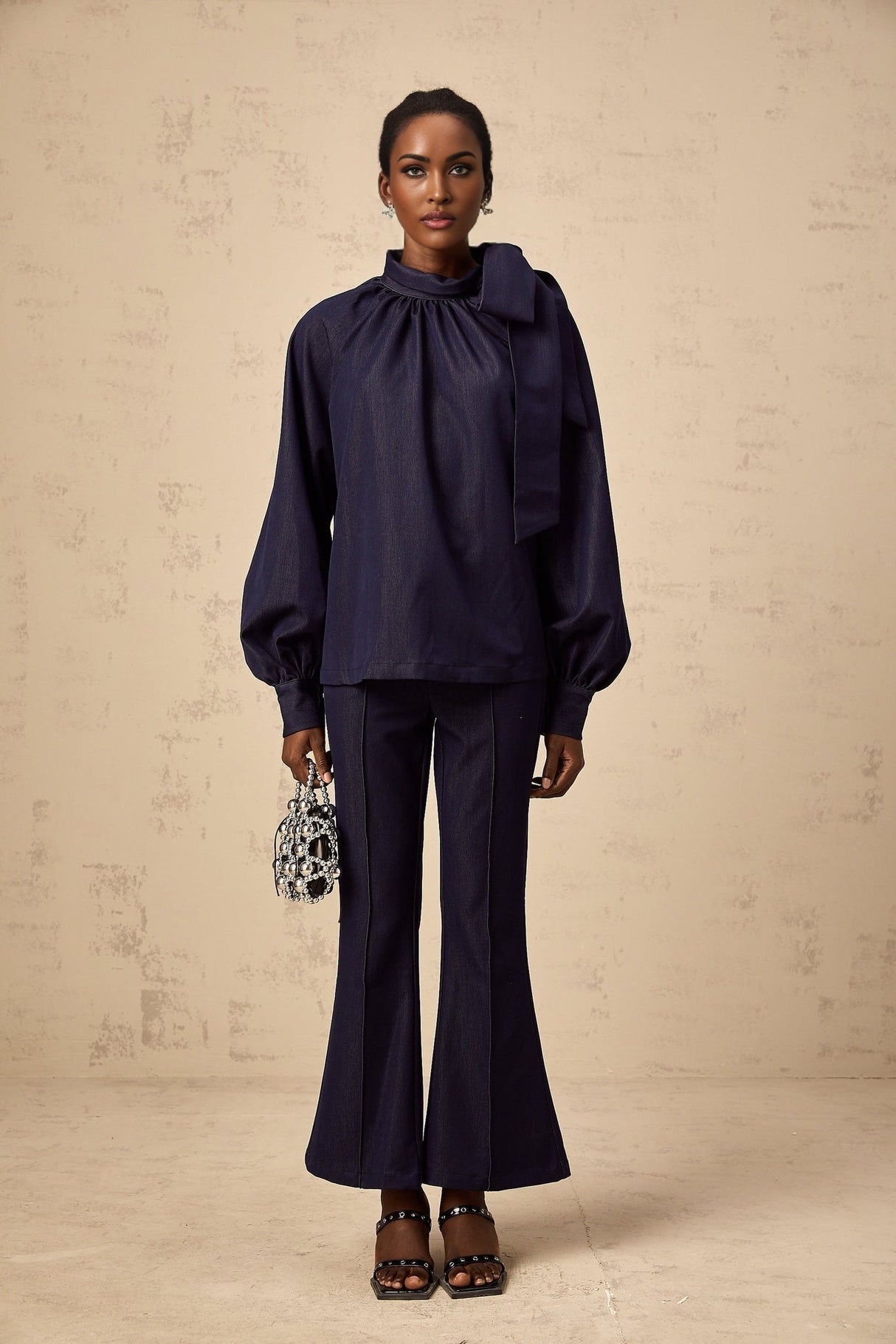 Carmen Blouse & Trousers Set - High Neck - Lantern Sleeves - Pleated Detailing - Flared Hem - Bowknot Design