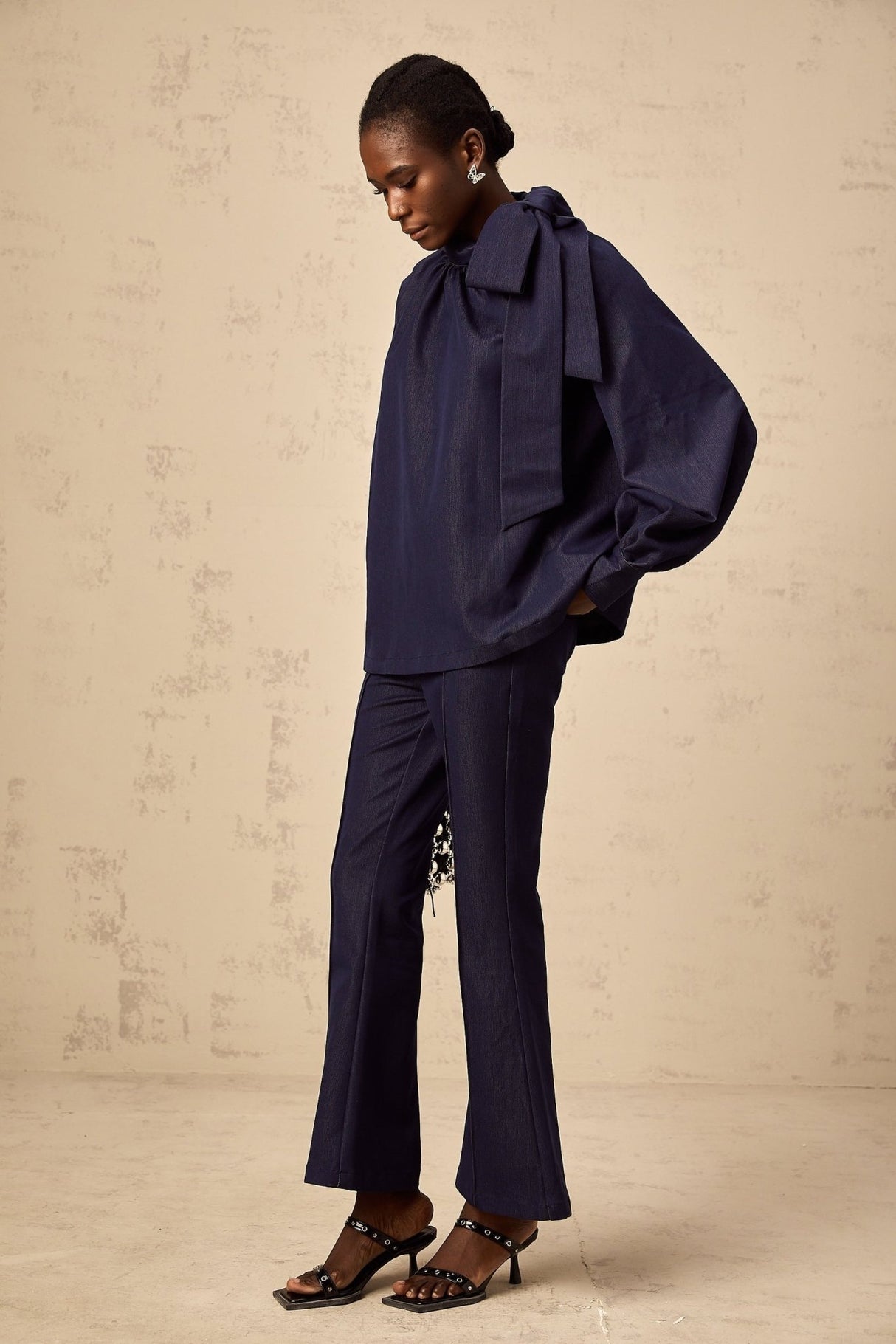 Carmen Blouse & Trousers Set - High Neck - Lantern Sleeves - Pleated Detailing - Flared Hem - Bowknot Design