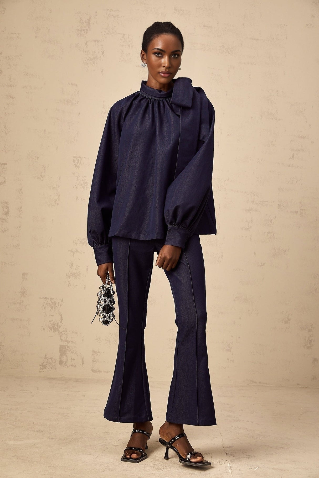 Carmen Blouse & Trousers Set - High Neck - Lantern Sleeves - Pleated Detailing - Flared Hem - Bowknot Design