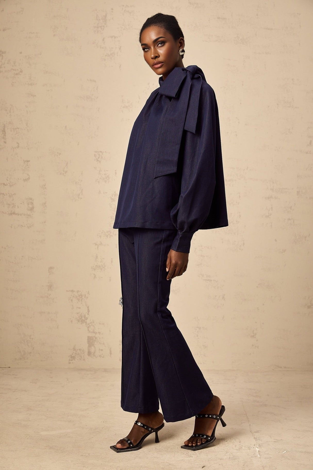 Carmen Blouse & Trousers Set - High Neck - Lantern Sleeves - Pleated Detailing - Flared Hem - Bowknot Design