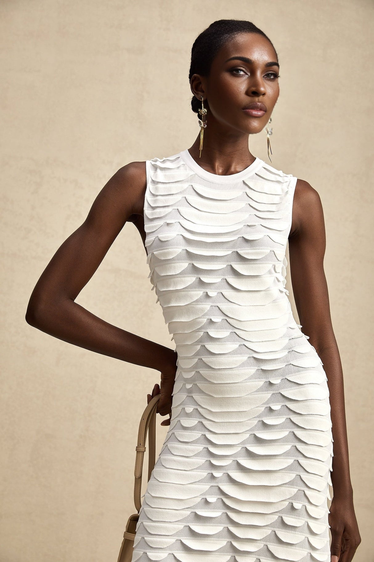 Carmen Midi Dress - Stretch Knit - Crew Neck - Sleeveless - Godet Design