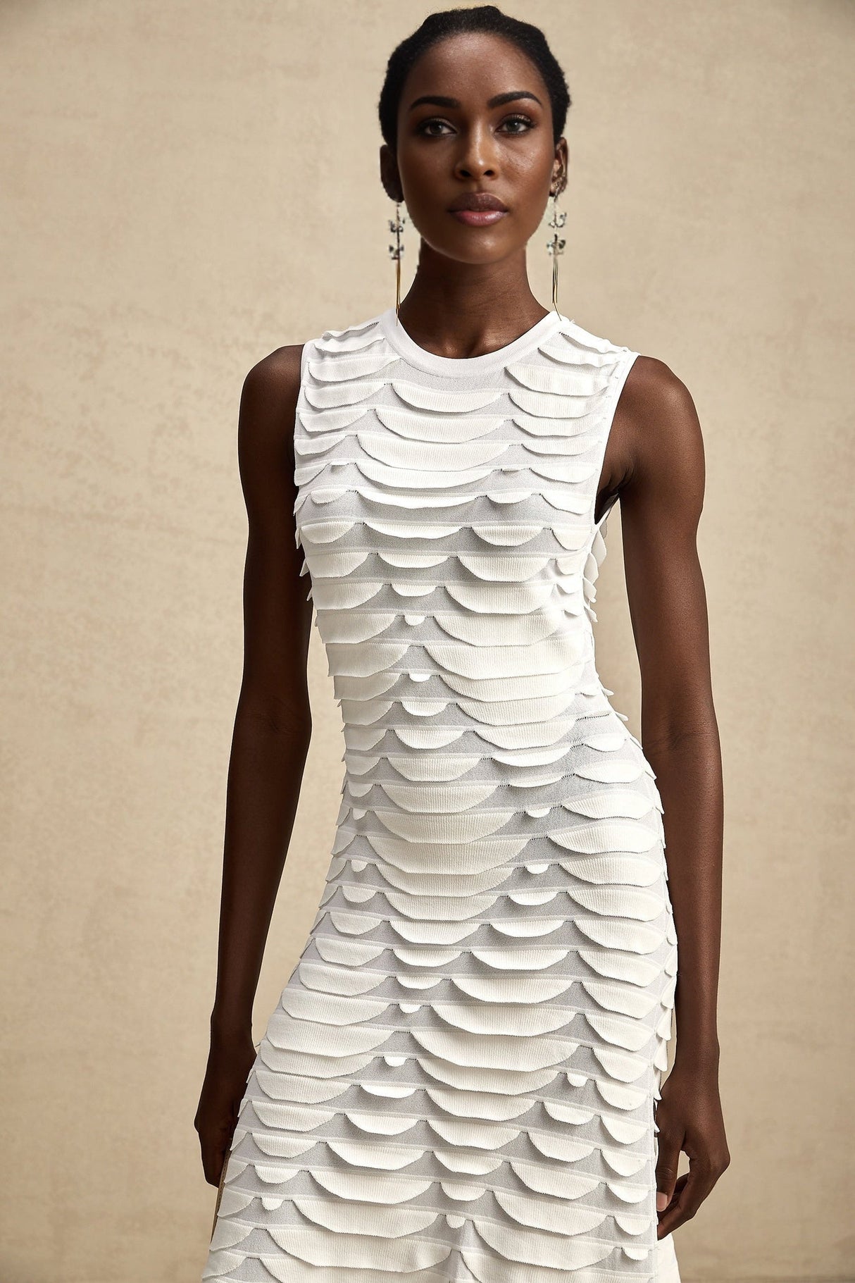 Carmen Midi Dress - Stretch Knit - Crew Neck - Sleeveless - Godet Design