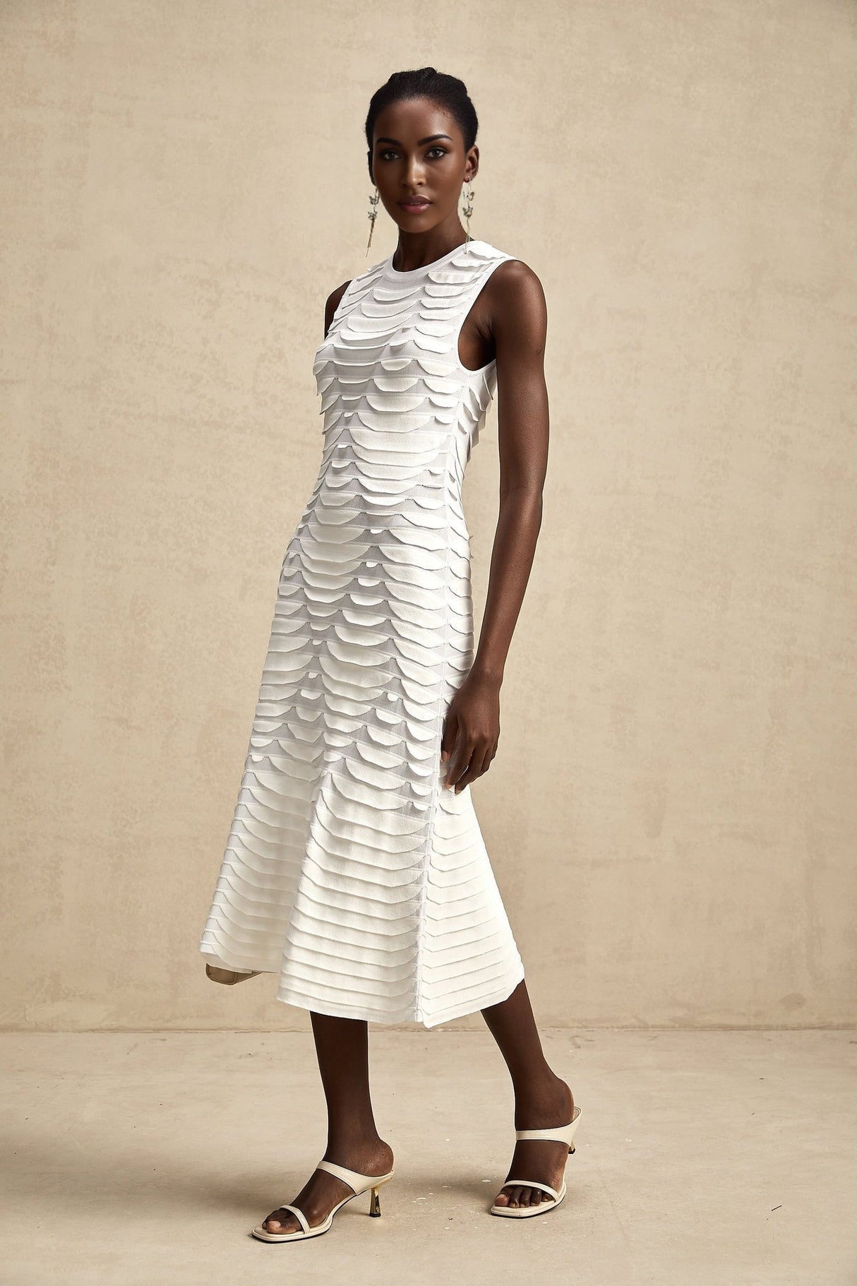 Carmen Midi Dress - Stretch Knit - Crew Neck - Sleeveless - Godet Design