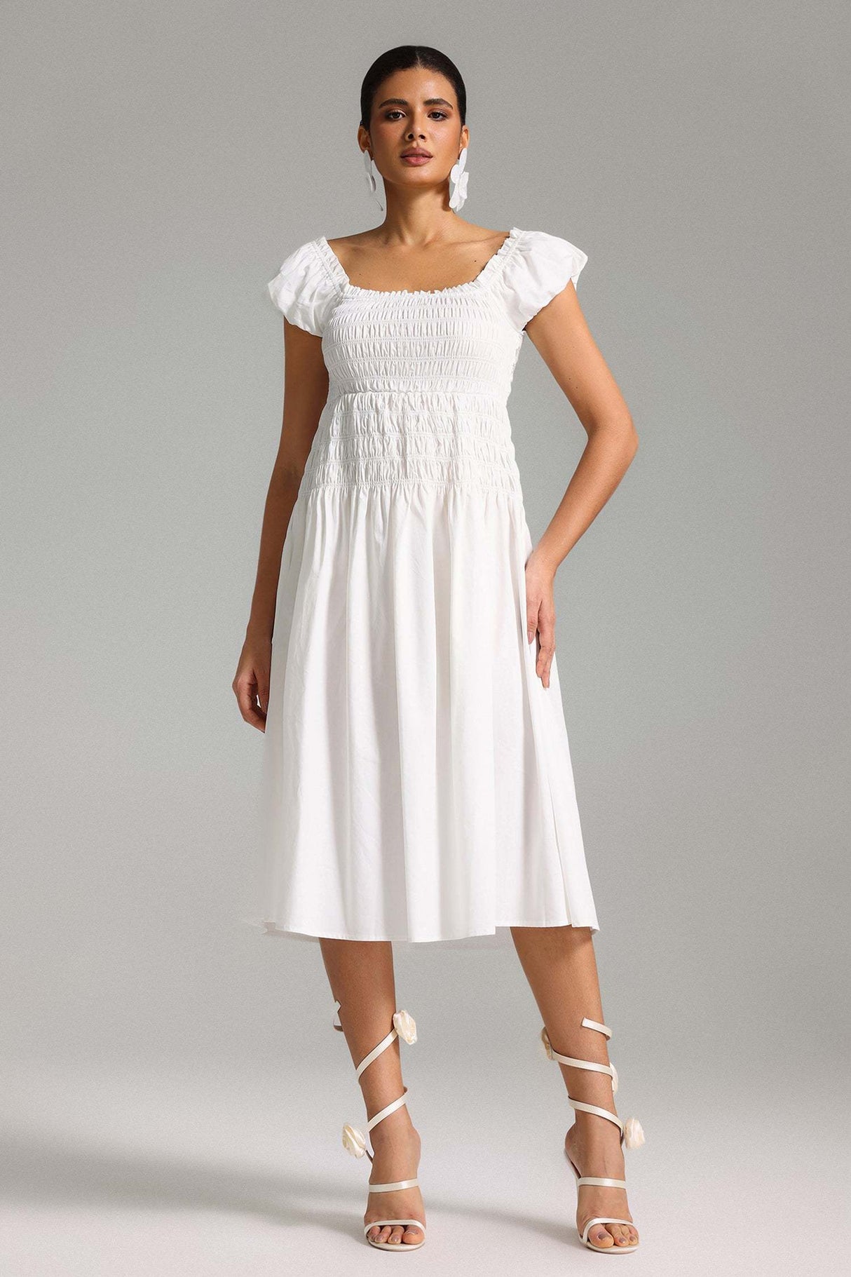 Carmen White Smocked Detail Puff Sleeve Dress