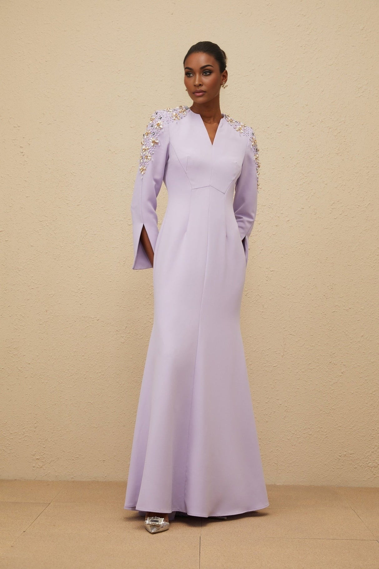 Carmina Gown - Long Sleeves - V - Neck - Fitted Waistline - Faux Pearl & Crystal Embellishment - Flared Hem
