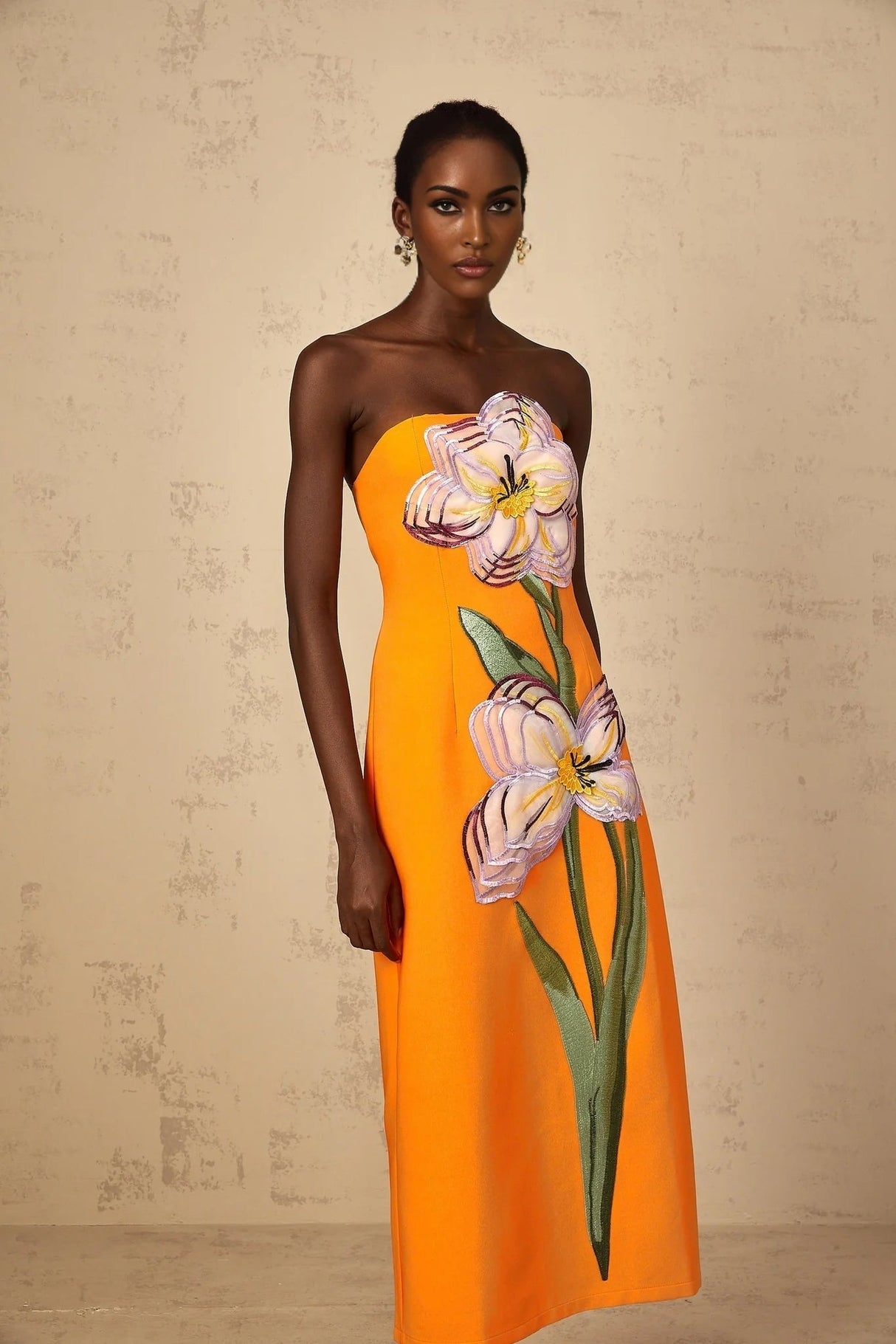 Carmina Midi Dress Orange Floral Sequin Embroidered Slit