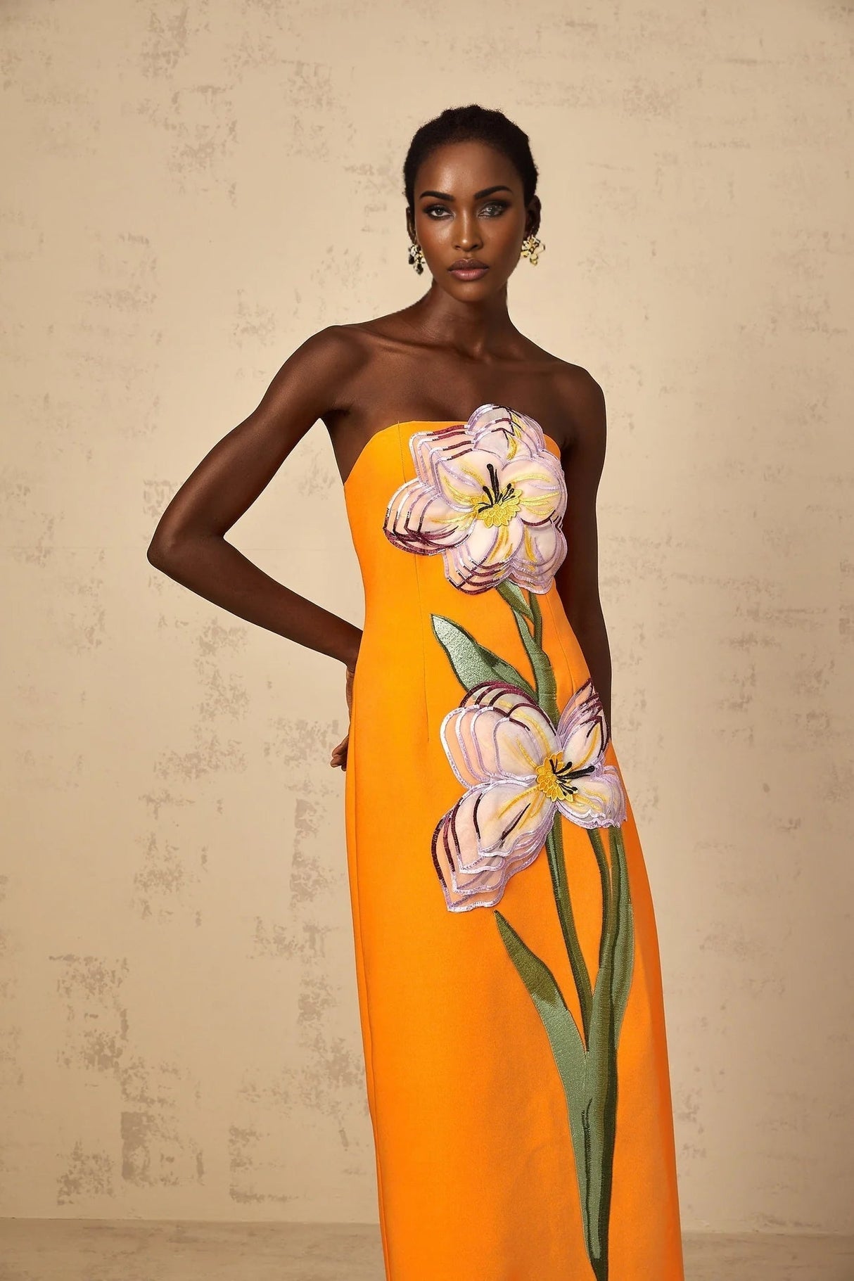 Carmina Midi Dress Orange Floral Sequin Embroidered Slit