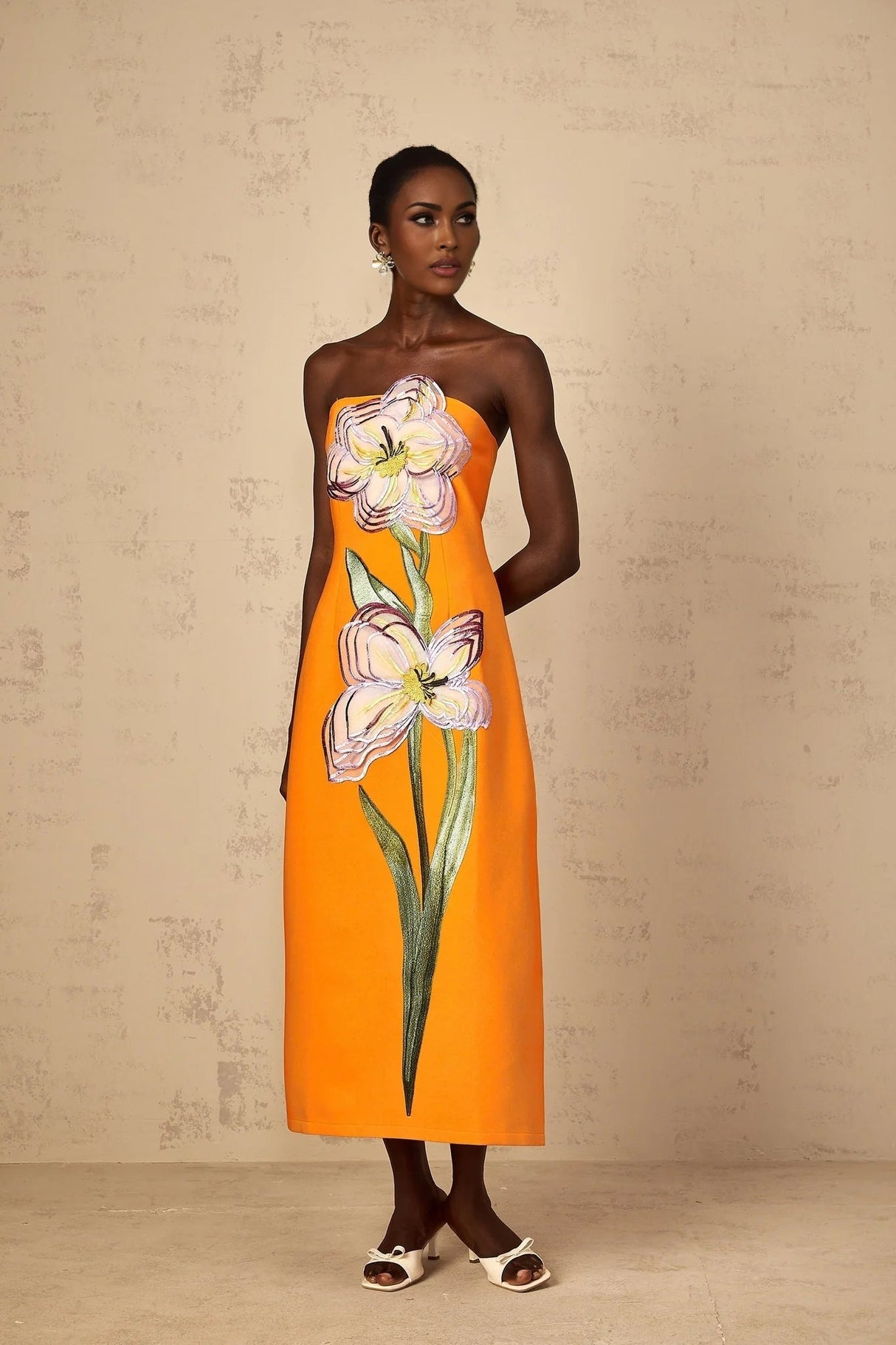 Carmina Midi Dress Orange Floral Sequin Embroidered Slit