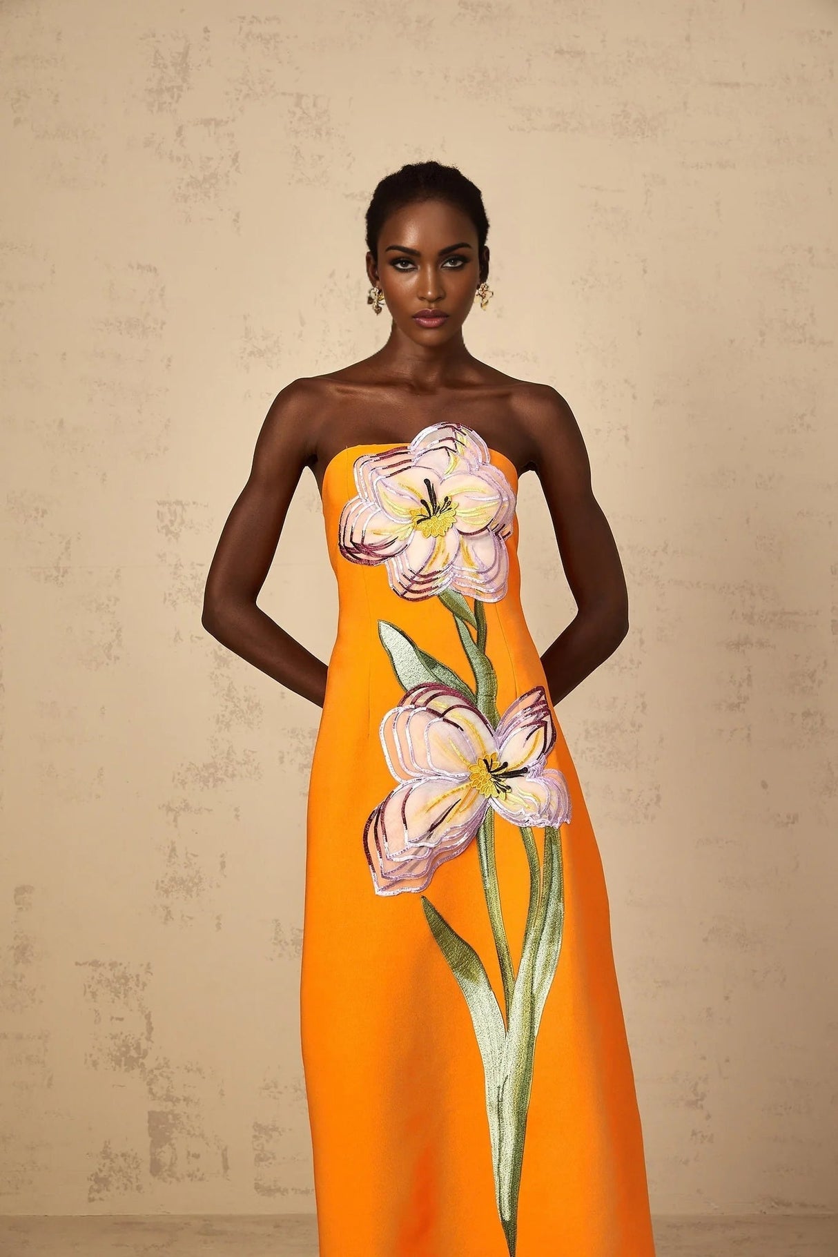 Carmina Midi Dress Orange Floral Sequin Embroidered Slit