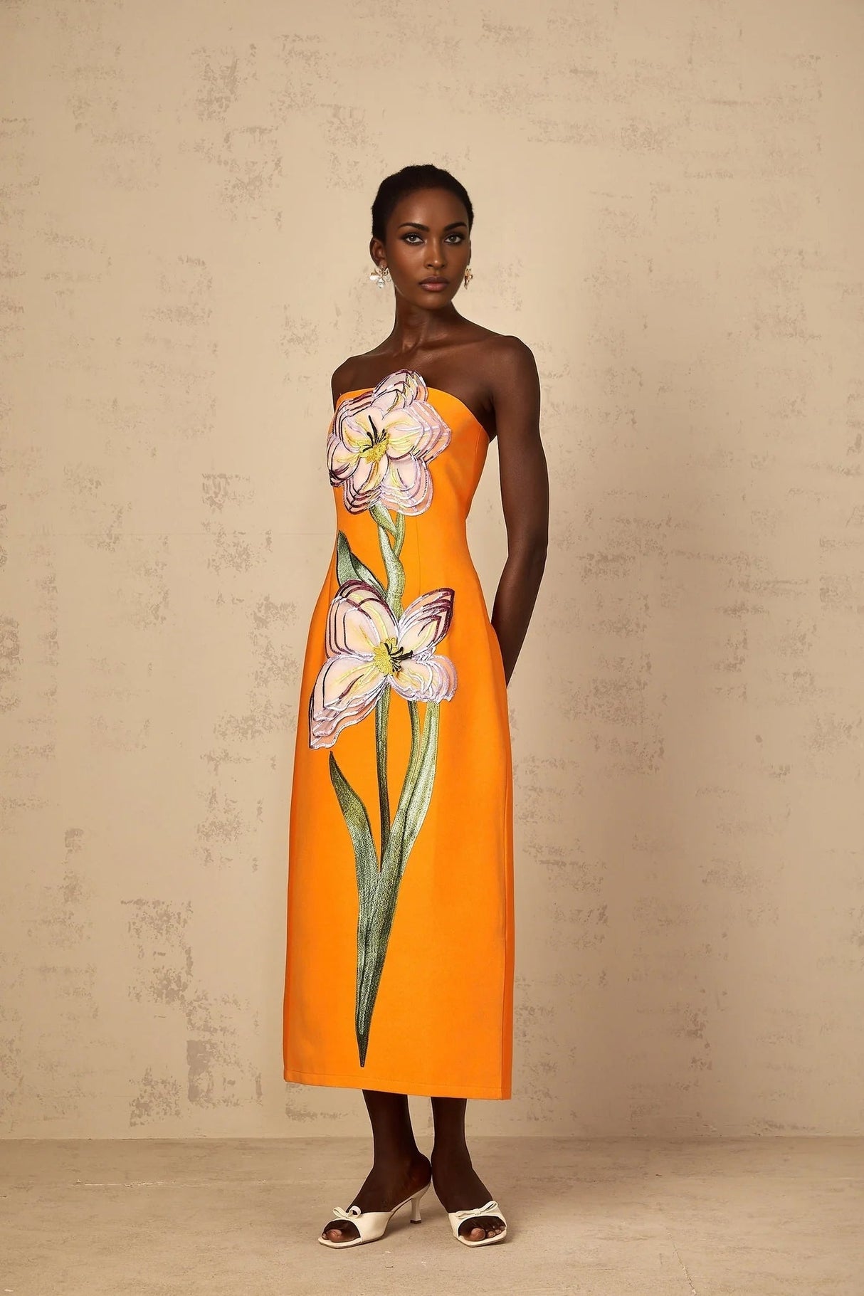 Carmina Midi Dress Orange Floral Sequin Embroidered Slit