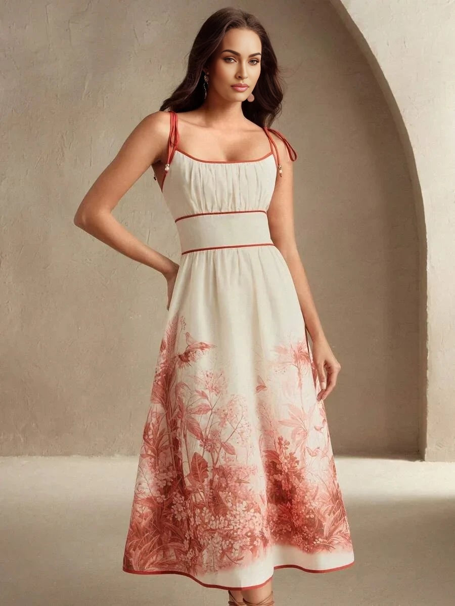 Carmina Midi Dress - Spaghetti Strap - Flared Hem - High Waist - Colorblock - Boho Style