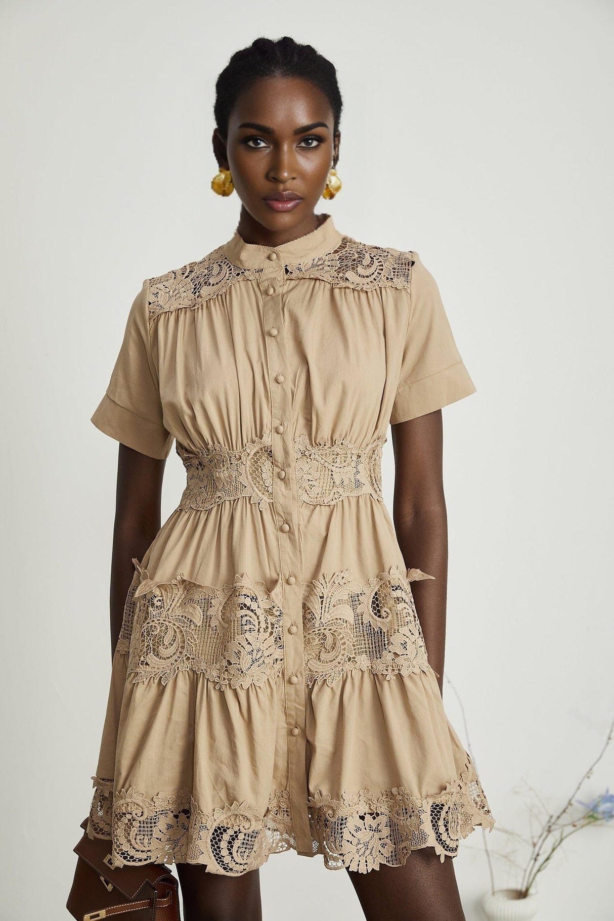 Carmina Mini Dress - Short Sleeve - Lace and Pleat Detailing - Button Fastening