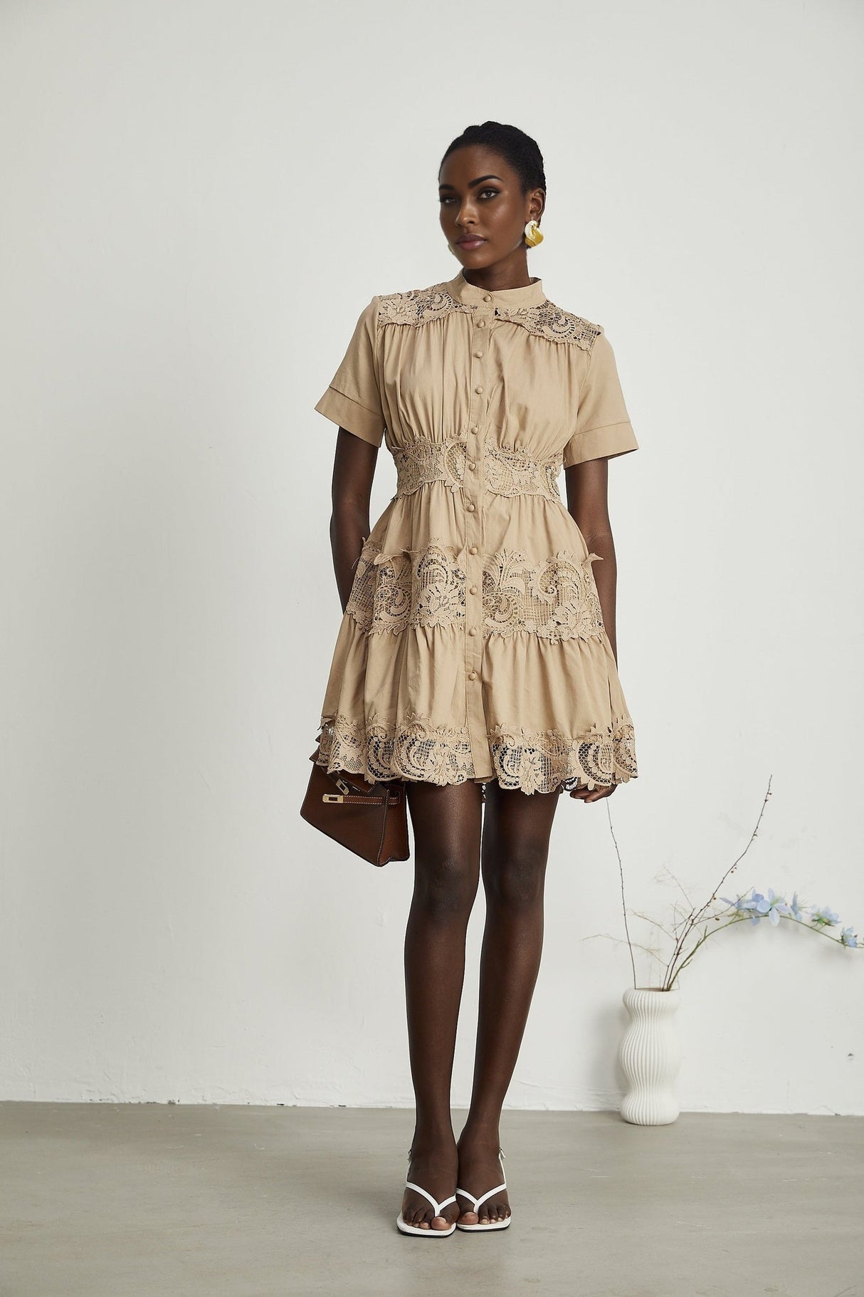 Carmina Mini Dress - Short Sleeve - Lace and Pleat Detailing - Button Fastening