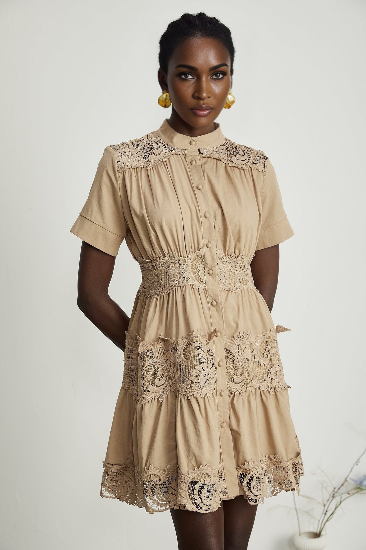 Carmina Mini Dress - Short Sleeve - Lace and Pleat Detailing - Button Fastening