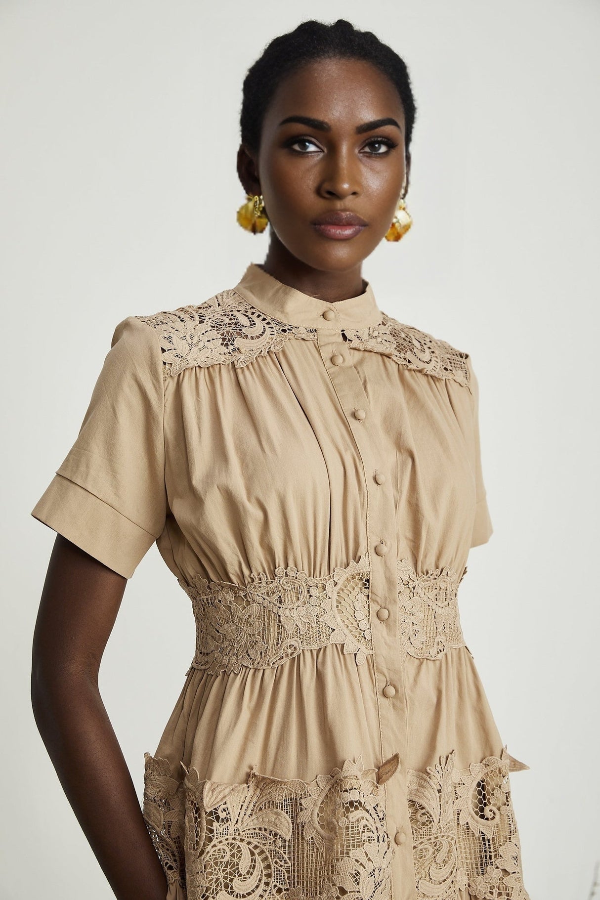 Carmina Mini Dress - Short Sleeve - Lace and Pleat Detailing - Button Fastening