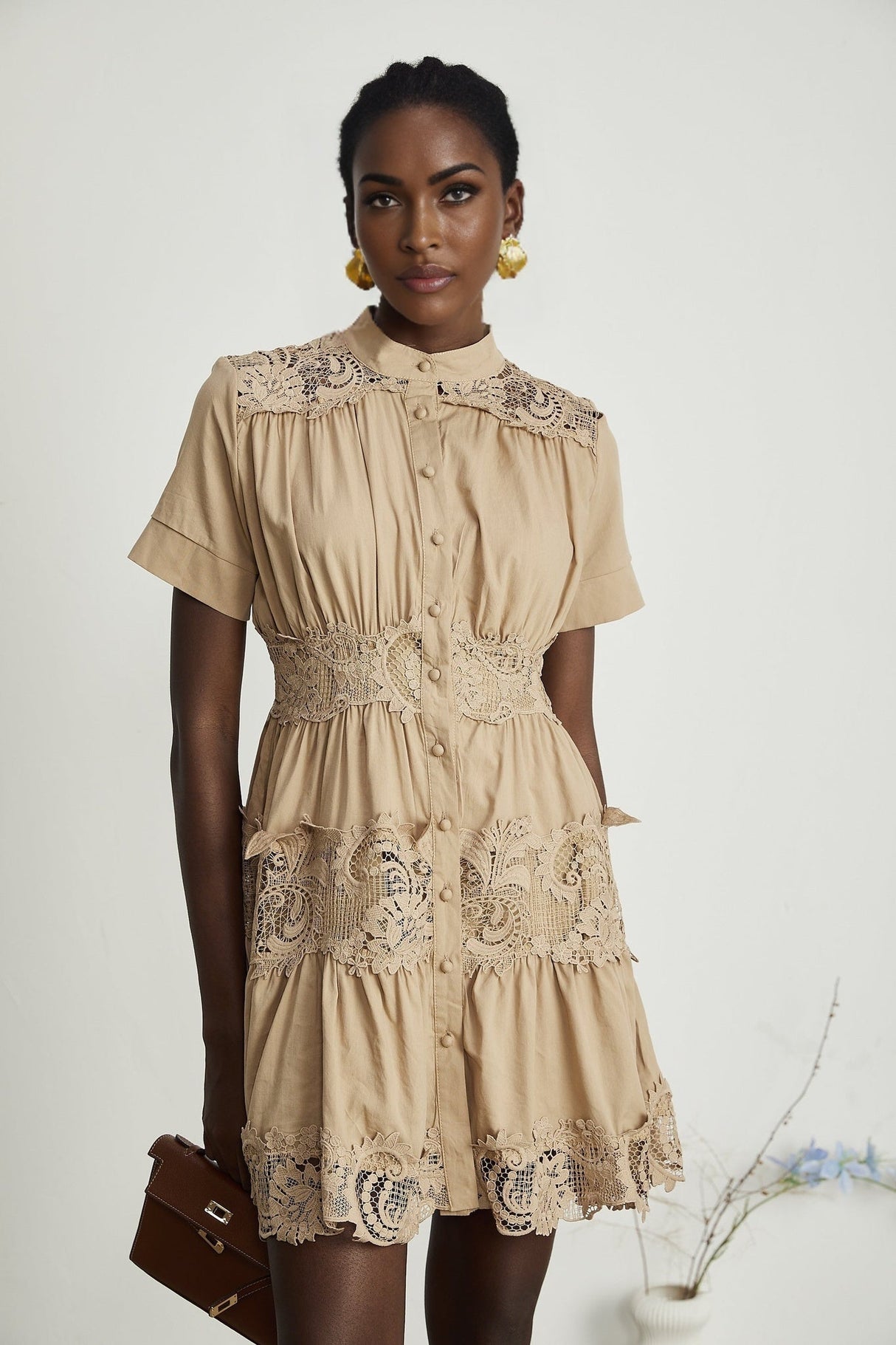 Carmina Mini Dress - Short Sleeve - Lace and Pleat Detailing - Button Fastening