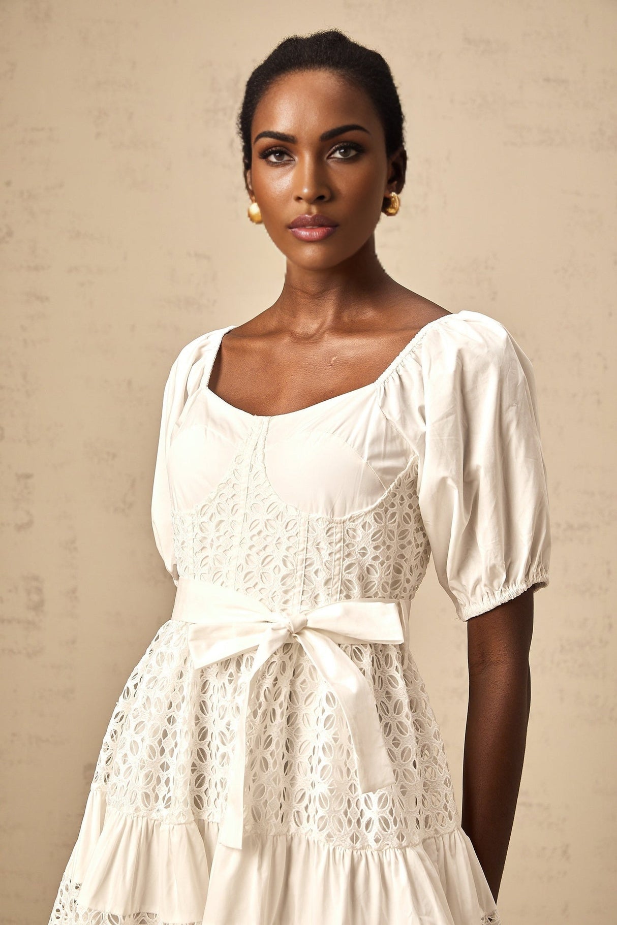 Carolina Midi Dress - Sweetheart Neck - Puff Sleeves - Lace Paneling - Tiered Design - Self - Tie Waist
