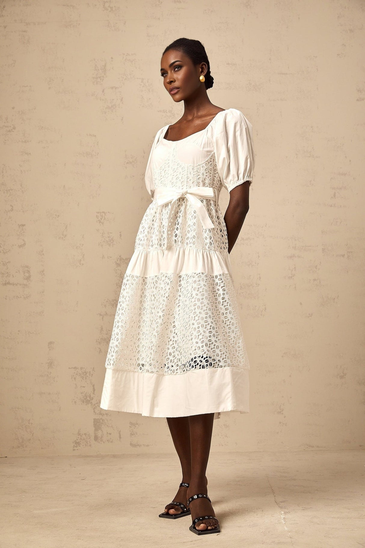 Carolina Midi Dress - Sweetheart Neck - Puff Sleeves - Lace Paneling - Tiered Design - Self - Tie Waist