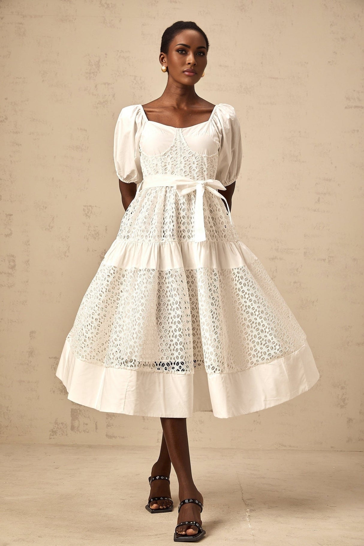 Carolina Midi Dress - Sweetheart Neck - Puff Sleeves - Lace Paneling - Tiered Design - Self - Tie Waist