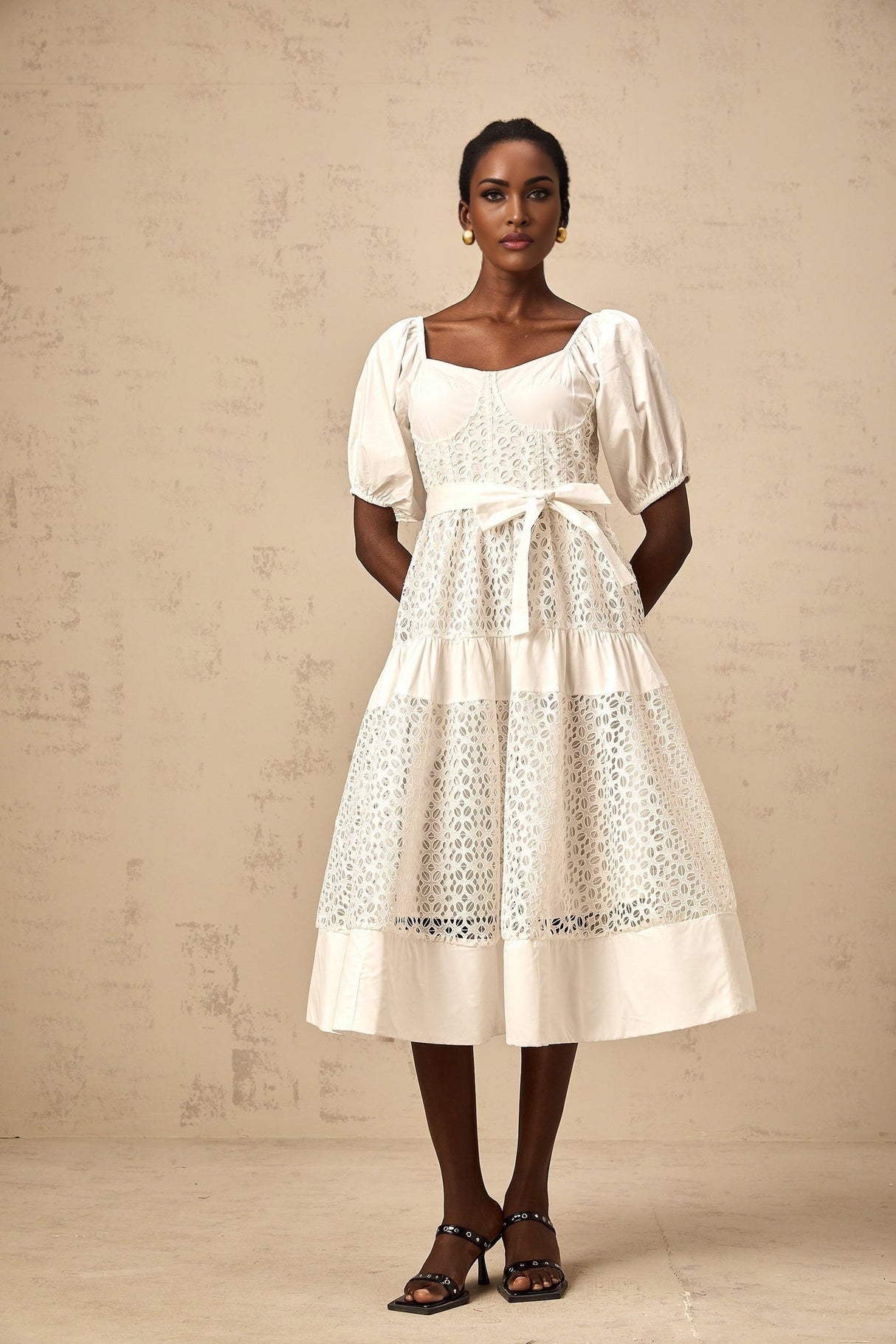 Carolina Midi Dress - Sweetheart Neck - Puff Sleeves - Lace Paneling - Tiered Design - Self - Tie Waist