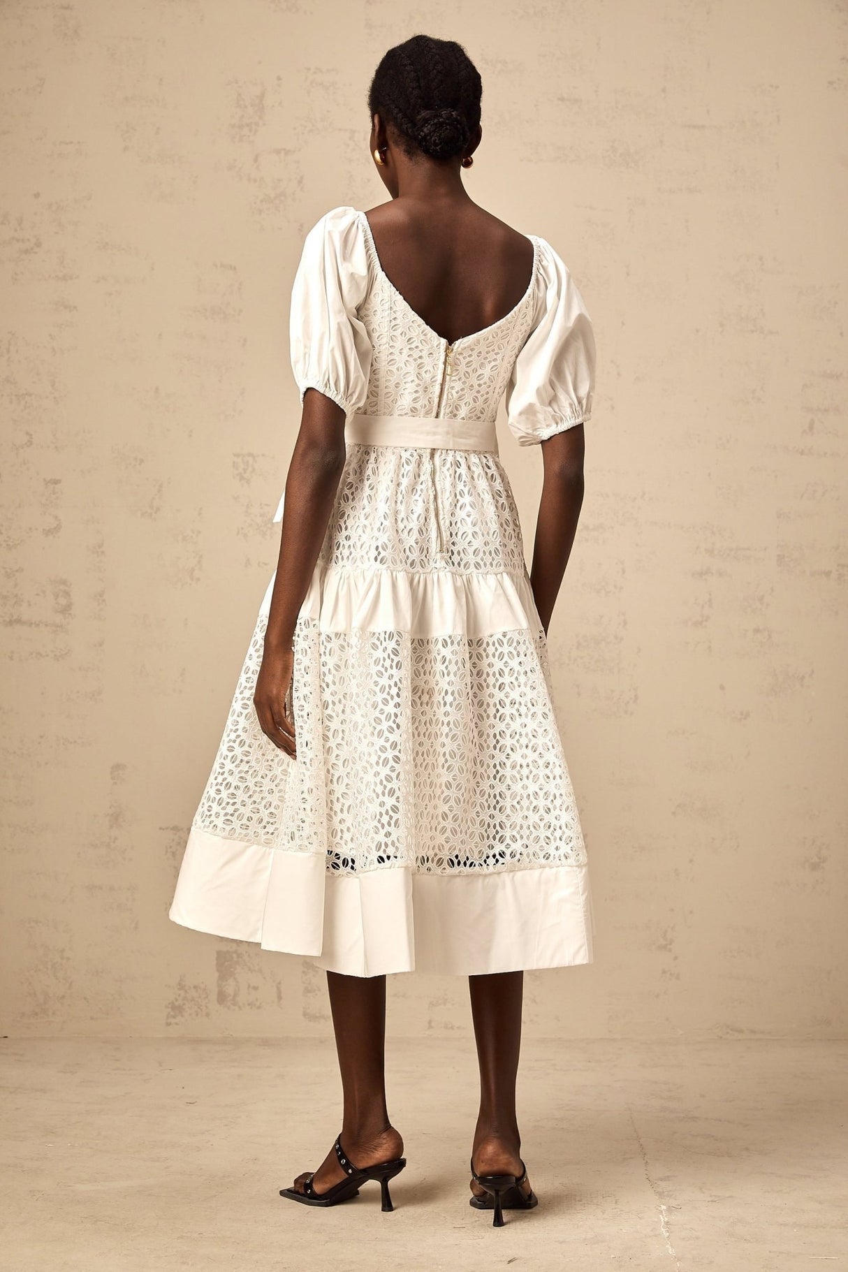 Carolina Midi Dress - Sweetheart Neck - Puff Sleeves - Lace Paneling - Tiered Design - Self - Tie Waist